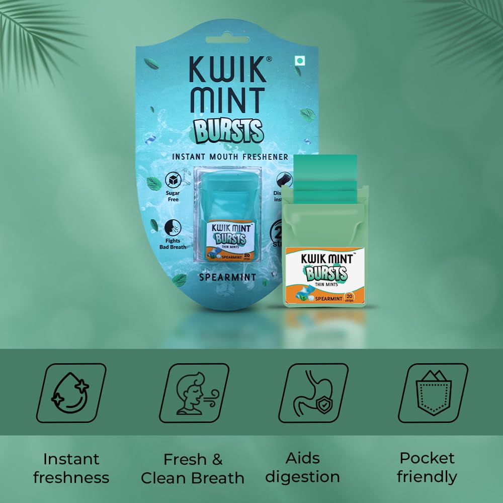 Kwik Mint Bursts Sugar Free Mouth Freshener Oral Care Strips, Spearmint Flavour for Fresh Breath | Refreshes Your Throat, Clear Nostrils- 200 Strips - Pack of 10 (Spearmint Blister Pack) 3