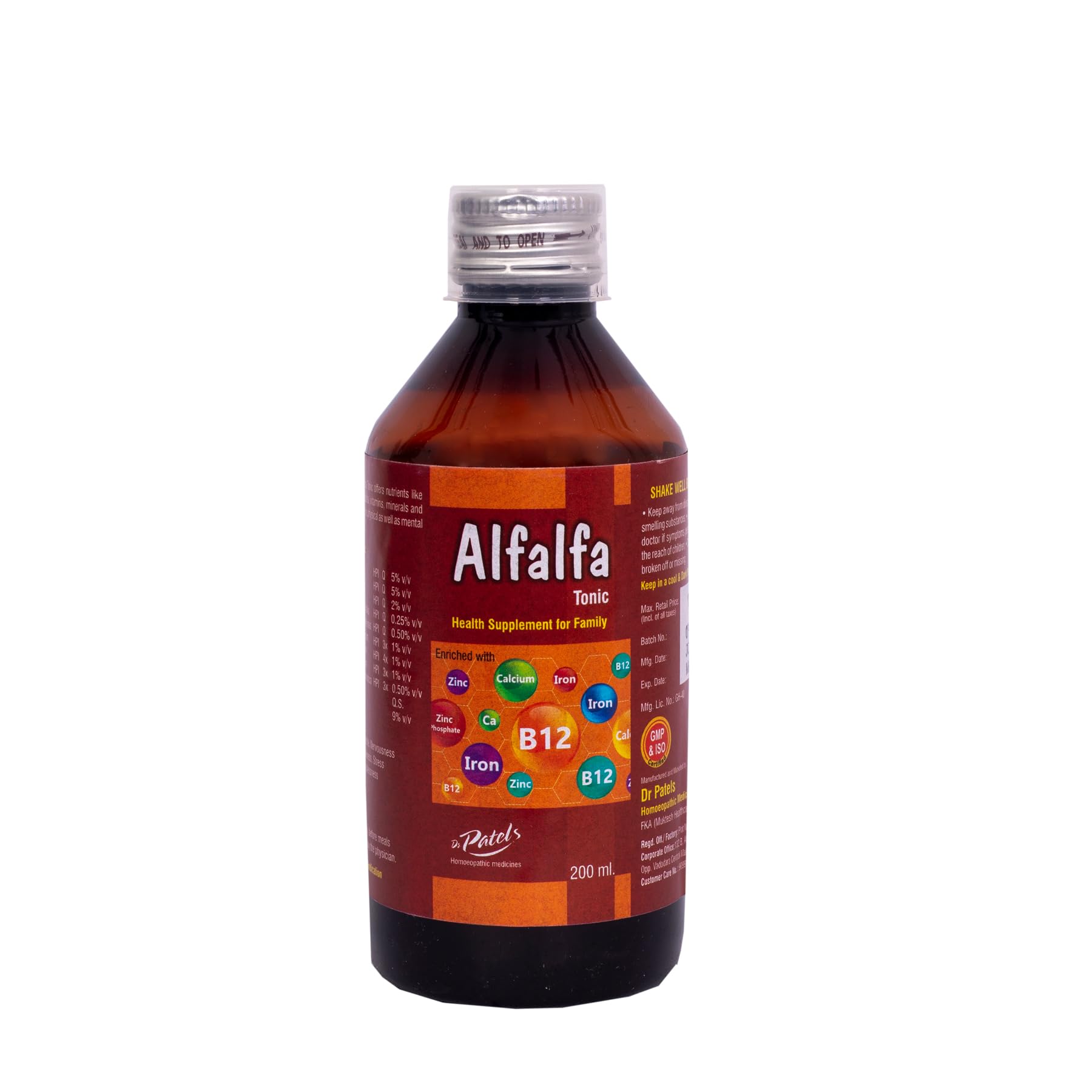 Dr. Patel's Homeopathic Alfalfa B12 Syrup | A Health Tonic that Supports Appetite, Reduces Stress, Boosts Energy - 200 ML (Pack of 1)