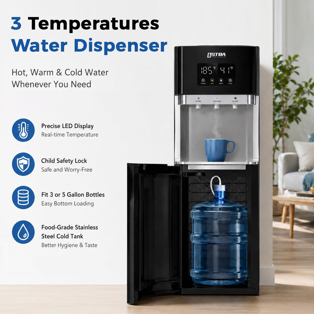 OSTBA Distributeur de refroidisseur d'eau à chargement par le bas pour bouteilles de 10 et 15 litres, eau chaude, froide et ambiante, affichage LED, verrouillage de sécurité enfant, distributeur d'eau