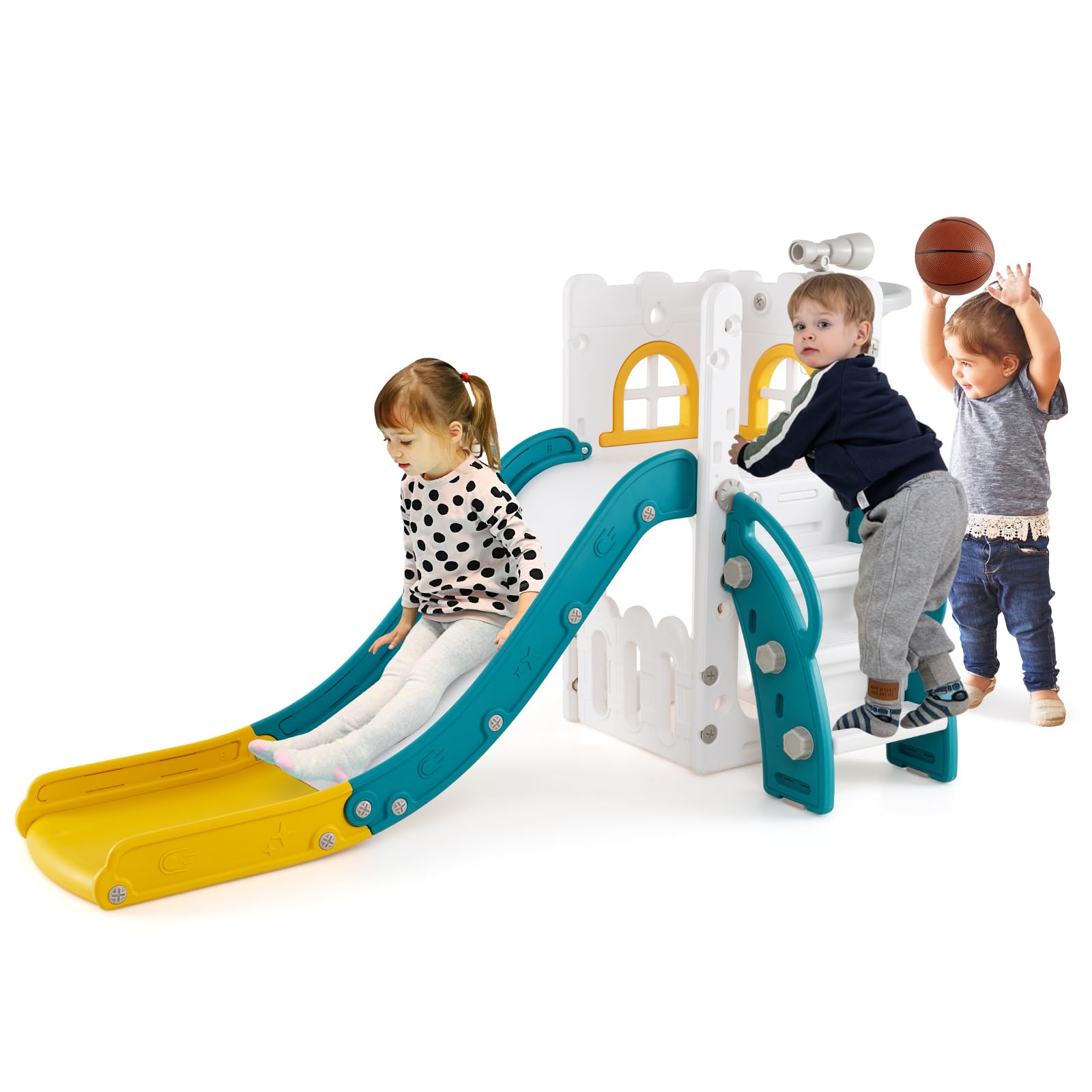 COSTWAY Toddler Slide, 6 in 1 Freestanding Kids Slide Playset with Basketball Hoop, Telescope, Climbing Ladder, Storage Space, Indoor Playground for Boys Girls (Yellow+Green)
