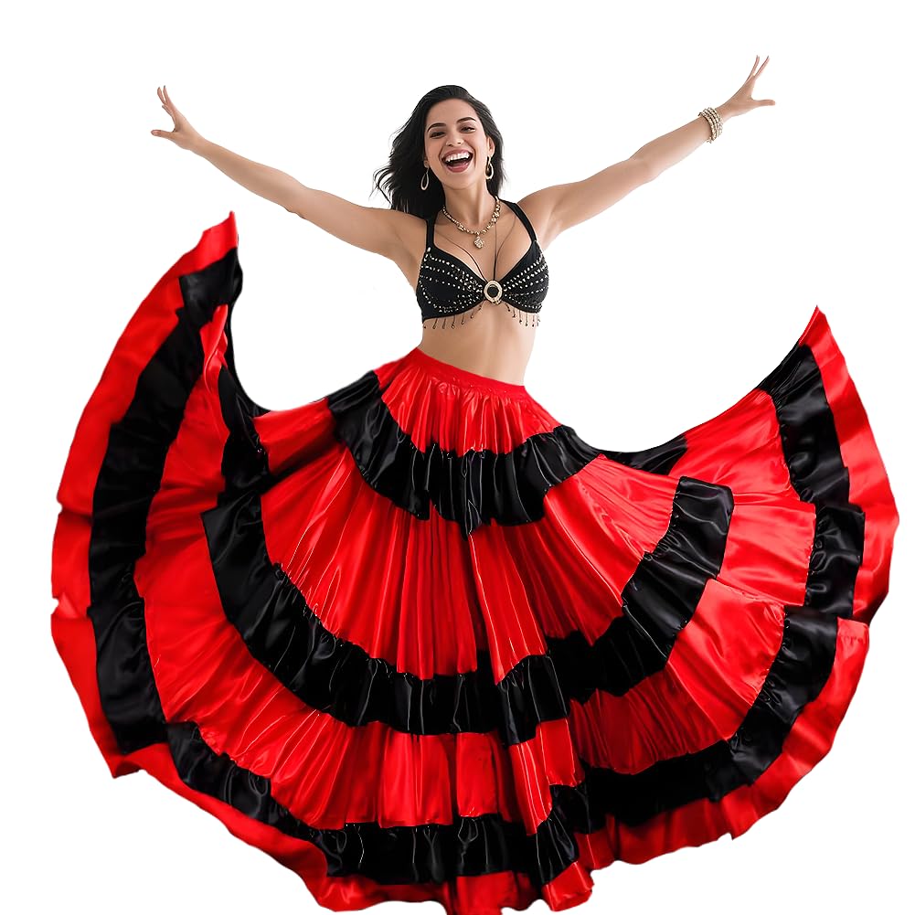 Rivoxi Womens 360 Degree Spanish Bull Dance Long Skirt Belly Dance Flowy Skirt Big Swing Flamenco Costume (Black-red)