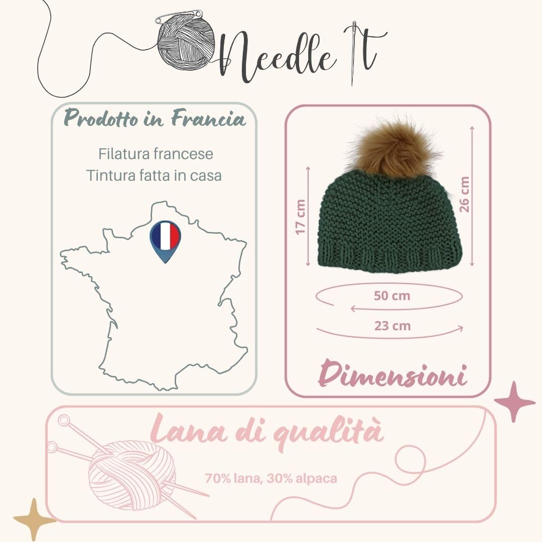 Needle It® Kit completo per lavorare a maglia il cappello verde scuro - Cappello di lana fai da te per bambini e adulti - Kit completo con ago, gomitolo e istruzioni - Lana francese