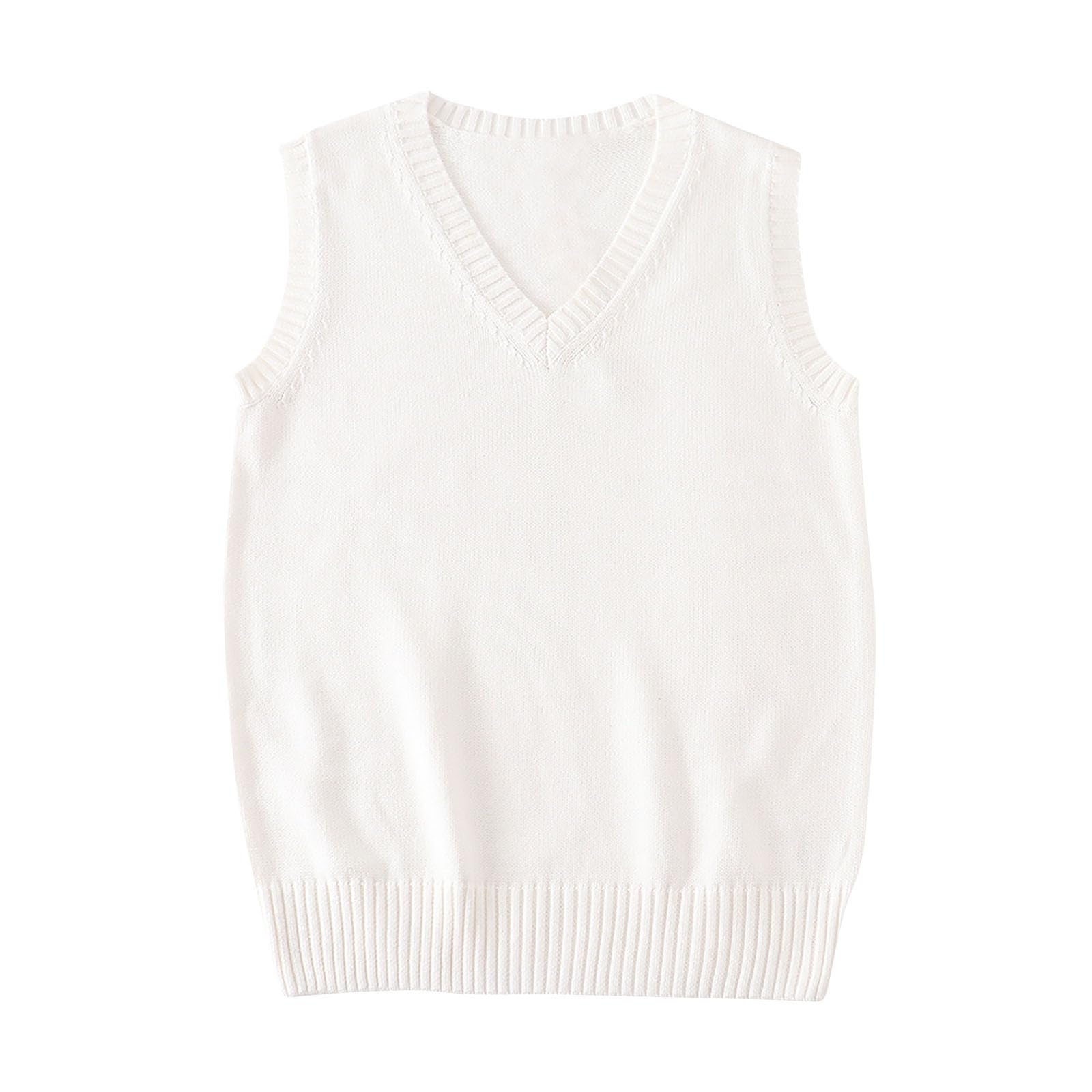 Huytertdr Women's White Knitted Tank Tops For Uk Sleeveless V-Neck Jumpers Solid Color Sweater Vests Elegant Vintage Chunky Knitwear Waistcoat