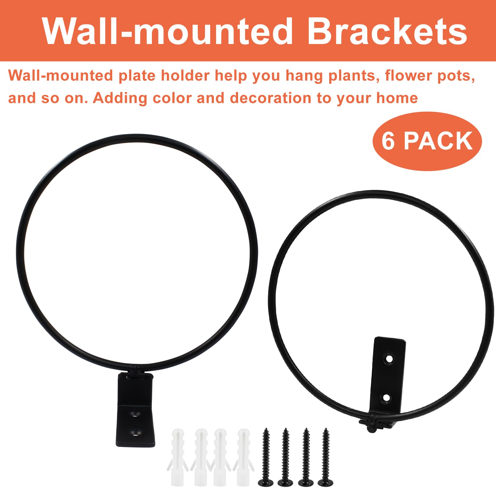 Biaungdo 15,2 cm Blumentopfhalter-Ring, 6 Stück Blumentopfaufhänger Wandmontage, Metall-Pflanzgefäß-Haken, mattschwarz, hängende Pflanzenständer-Ring-Haken, Wandhalterung für Außen, Innen
