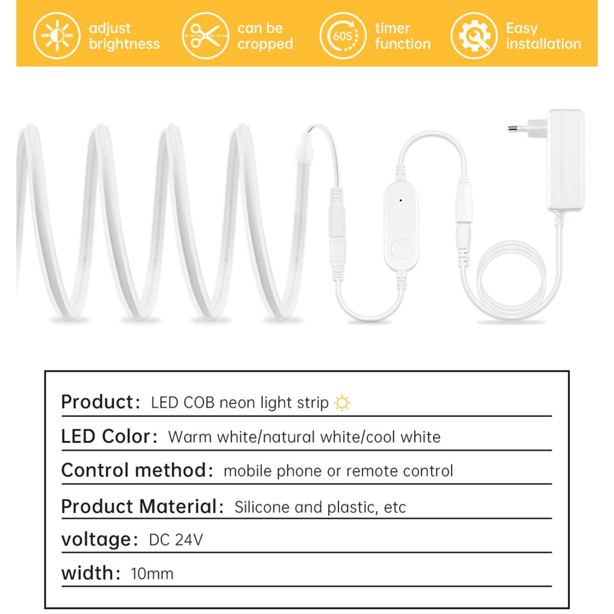 Tira LED COB 10m 24V regulable con fuente de alimentación Tira LED 280 LED/m 3000 K blanco cálido Compatible con Alexa Autoadhesiva Iluminación LED COB para armarios escaleras pasillos,4500k,10M