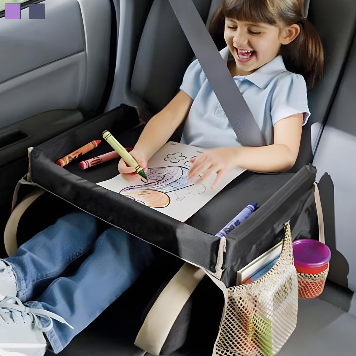 CGEAMDY Bandeja Coche Niños, Mesa Para Niños Asiento Coche, Mesas Infantiles Para Asiento Trasero Coches Accesorio De Coche Fácil Limpiar Con Bolsillos Laterales Para Asientos Coches(Azul Marino)