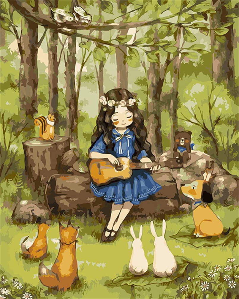 CaptainCrafts Paint by Numbers for Adults, Paint by Numbers DIY Oil Painting Linen Canvas 16x20 Inch Wall Art House Decor Gifts (with Frame, Little Girl's Forest Concerts)