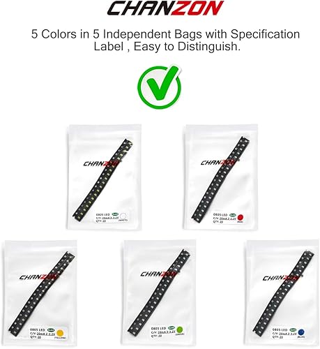 Miniatura 4 de Chanzon 5 colores x 20 piezas  100 piezas 0805 SMD LED Diodo Kit surtido de luces Mini Chip 0079in x 0047in para PCB DC 20mA Lámparas de bombilla de