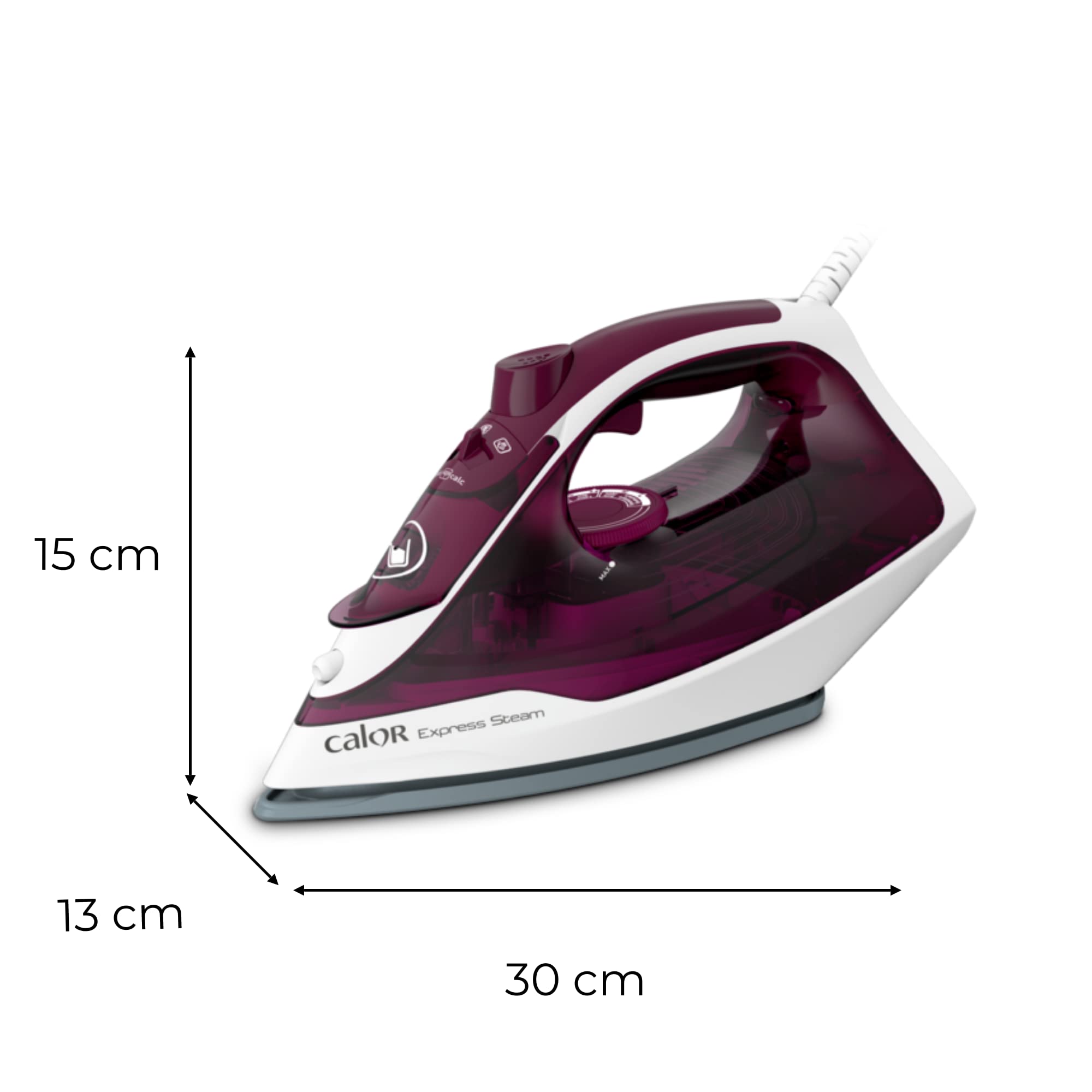 Calor Express - Plancha de vapor, 2400 W, flujo de vapor 35 g/min, función de prensado 160 g/min, Suela de cerámica, Desarrugado vertical FV2835C0, Granate
