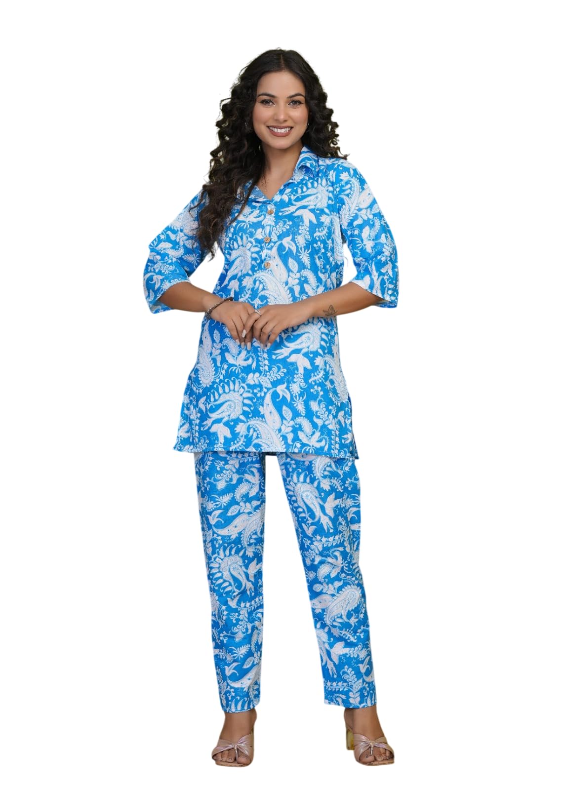 Women's Cotton Co-Ord Set, Blue and White Paisley Print, Tunic Top with Matching Pants, 3/4 Sleeve, Regular Fit-image-15