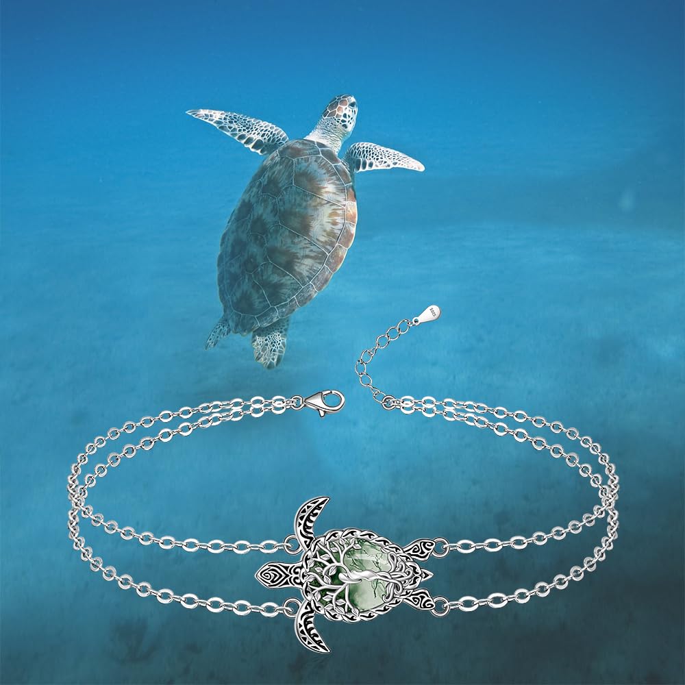Cavigliera tartaruga in agata muschio, albero della vita, tartaruga, cavigliera da donna, in argento Sterling, oceano, spiaggia, mare hawaiano, gioielli regalo
