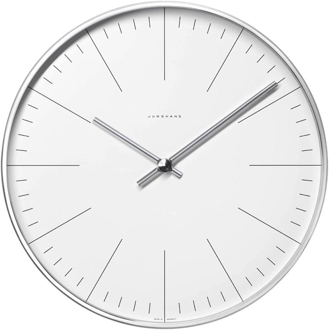Junghans Max Bill Clock.30cm diam. Stainless Steel case. Quartz Movement. Mineral Glass face with Marker Bars.