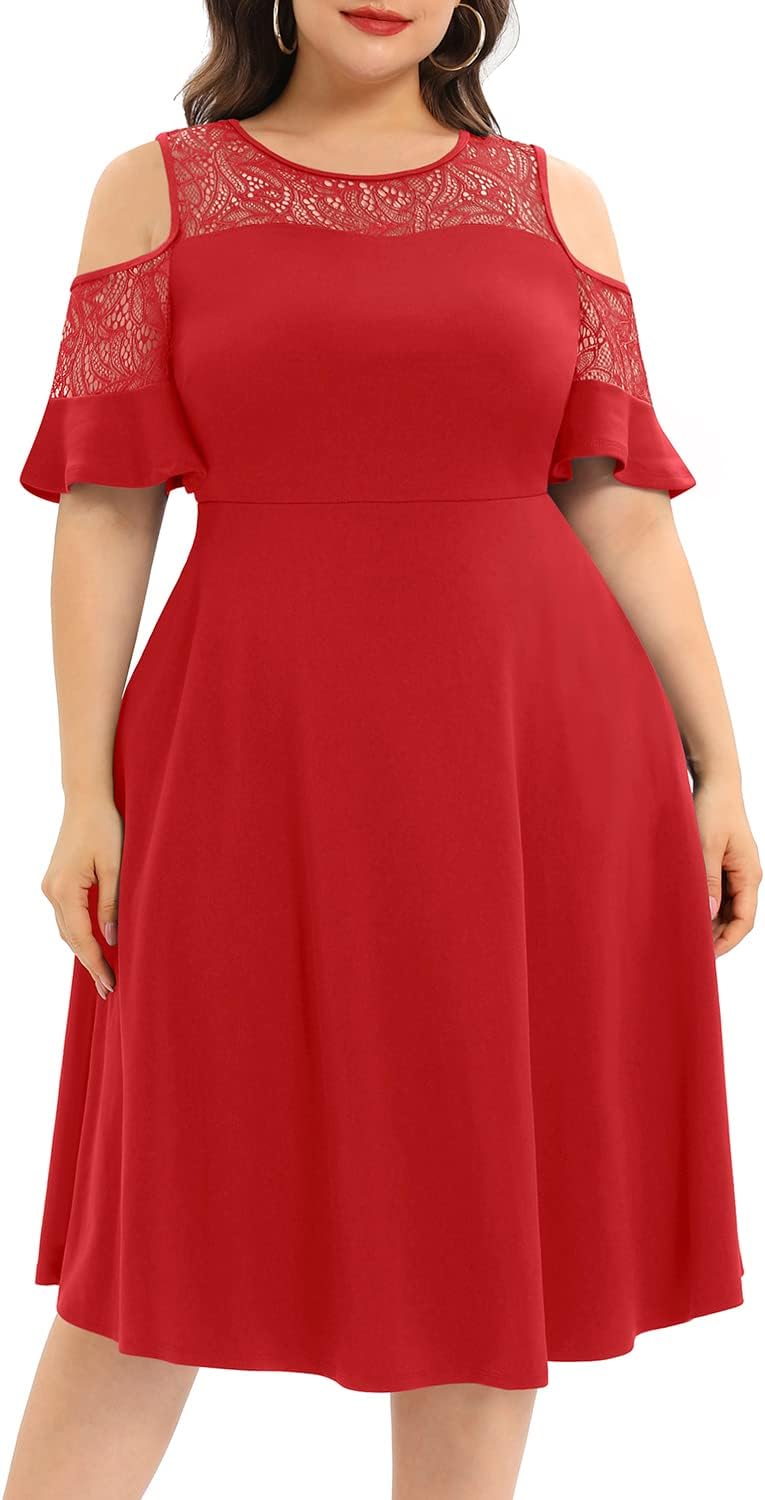 Pinup FashionPlus Size Cold Shoulder Mesh Neck Wedding Guest Swing Midi Dresses with Pockets