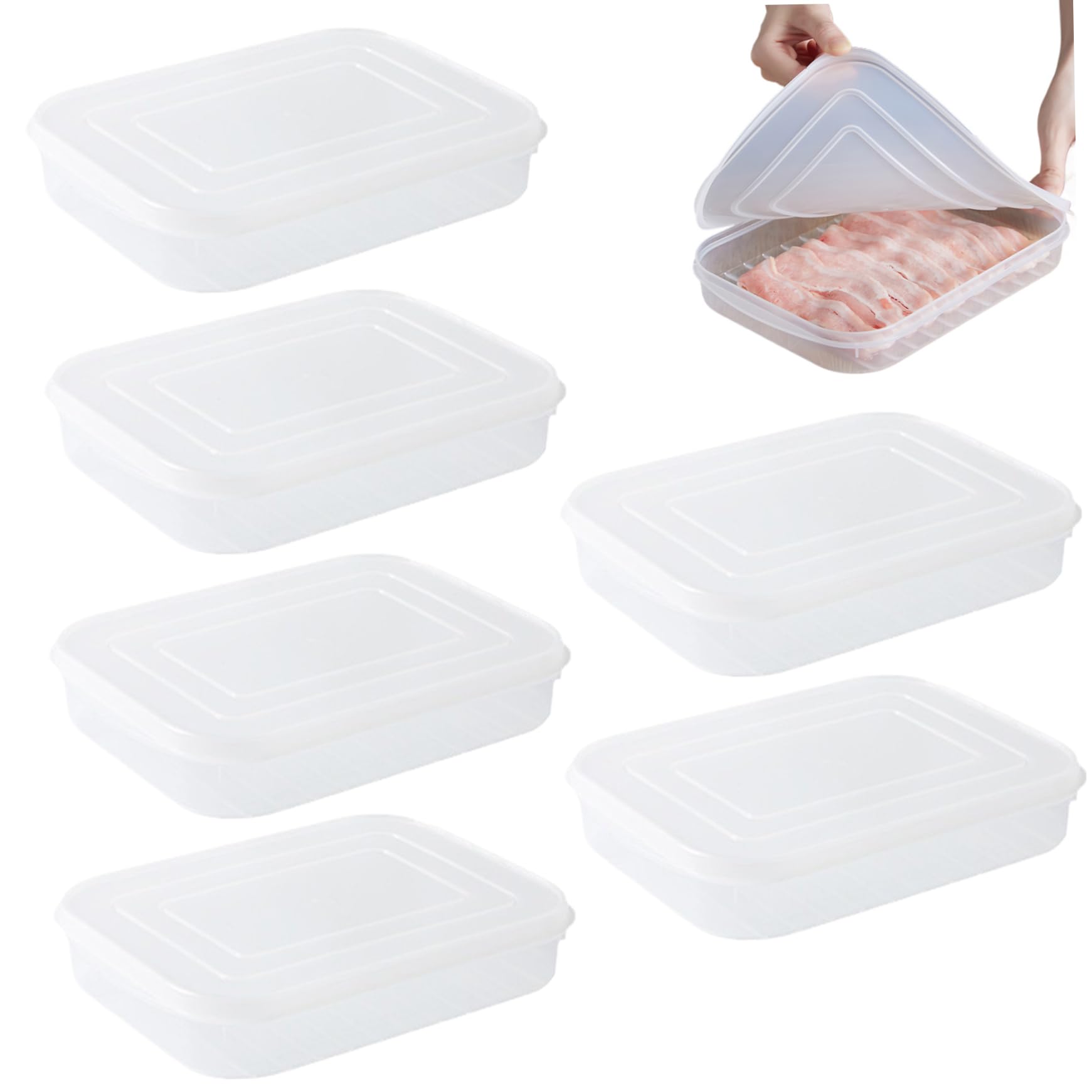 CNAFGBGG Deli Meat Container for Fridge, 6PCS 9.7x7.3x1.4 Stackable Lunch Meat Container, Cold/Heat-Resistant Bacon Keeper with Airtigh Lid, Cold Cuts Storage Containers for Fridge.