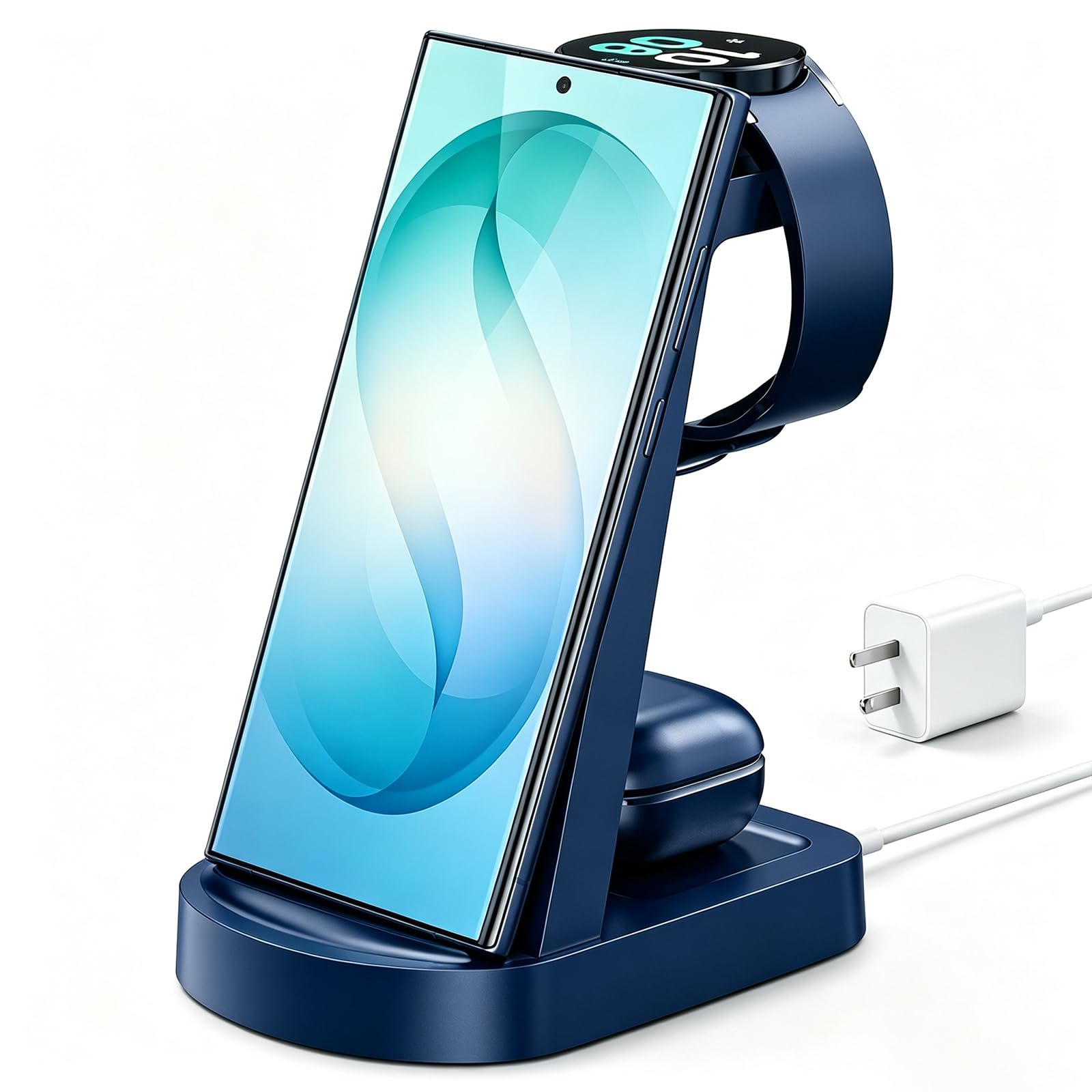 Stazione di ricarica wireless per Samsung/Android, stazione di ricarica wireless veloce compatibile per Samsung Galaxy S26 Ultra/S25/S24+/Z Flip 7/6 Fold 7/6, Watch8/7/Pro/Active 2 Galaxy Buds3/2 Pro