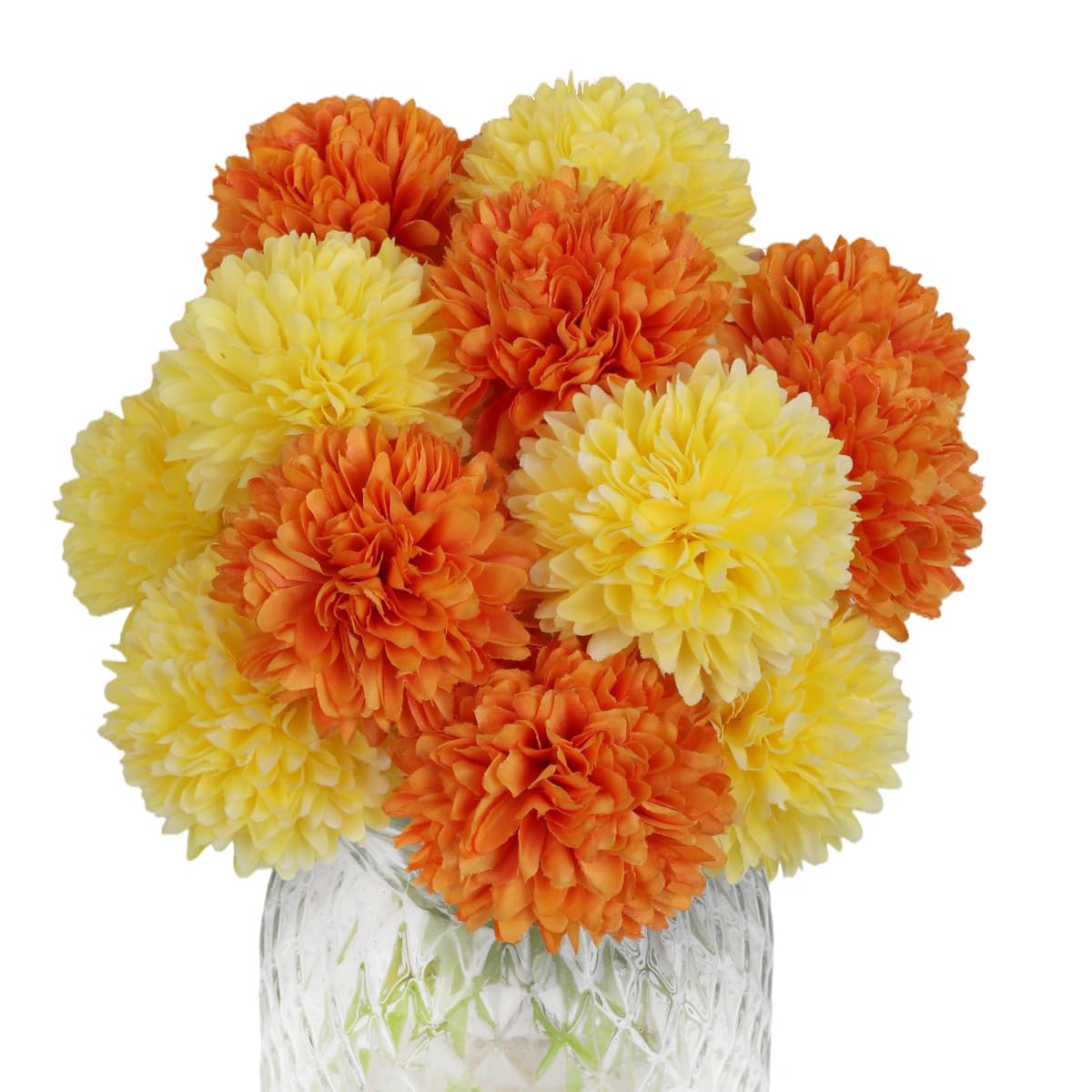 Jim's Cabin Artificial Flowers 10 Pcs Fake Silk Artificial Chrysanthemum Ball Hydrangea Bridal Wedding Bouquet for Kitchen Home Decor (Orange,Yellow)