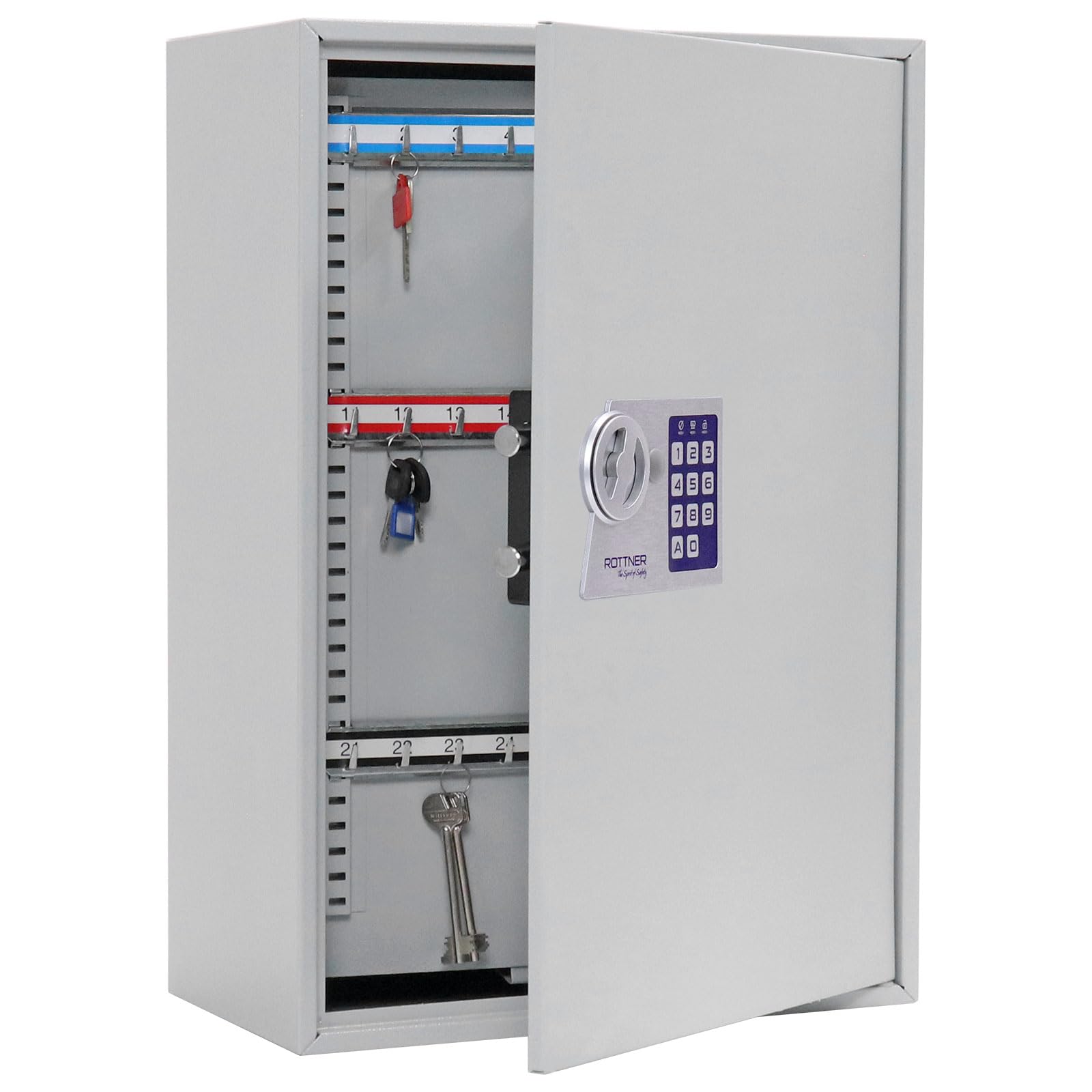Caja fuerte para 300 llaves S300 EL de Rottner, con cerradura electrónica, Color gris claro, Capacidad para 300 llaves, suministrada con llaveros y kit de fijación.