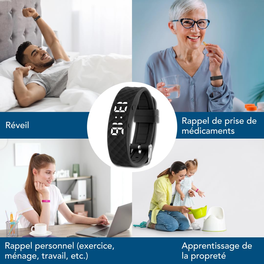 TabTime Montre de Rappel d’Alarme vibrante (Instructions en français) - jusqu'à 10 alarmes personnelles ou rappels de Pilule par Jour