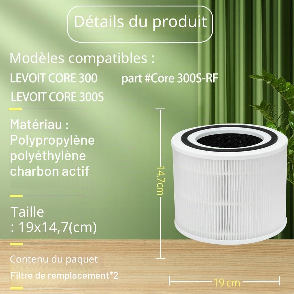 Lot de 2 filtres Core 300-RF pour LEVOIT Core 300/300S/P350, filtration 3 niveaux