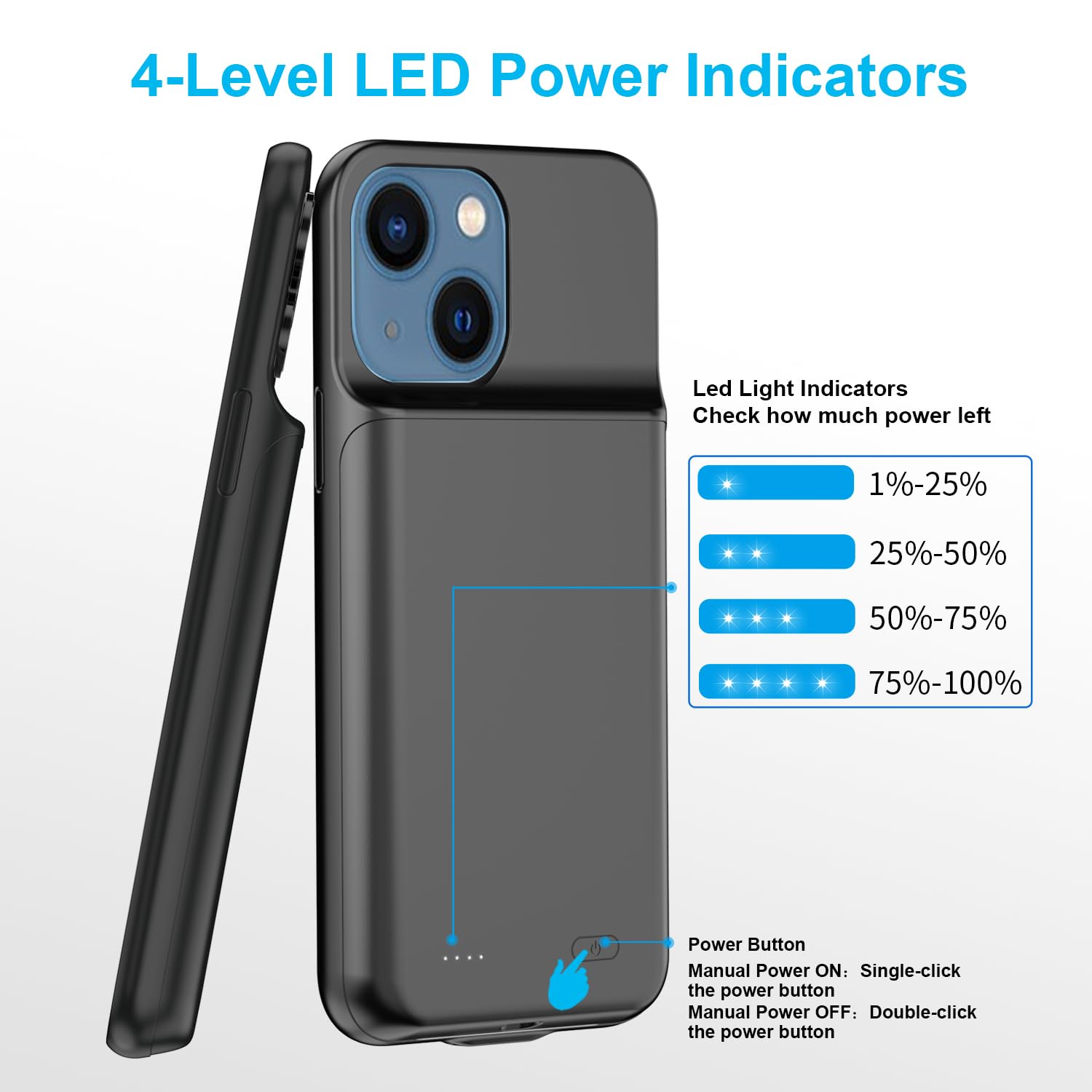Akkuhülle für iPhone 13, 6,1 Zoll, 7000 mAh, hohe Kapazität, wiederaufladbarer Akku, Ladehülle mit Displayschutzfolie, Schwarz