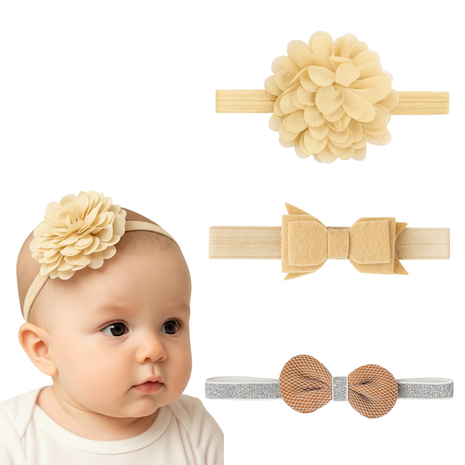 annacreations ANNA CREATIONS 3 Pcs Baby Headbands for Baby Girl & Boy, Soft Stretchy Hair Bands with Flower and Bow Design, Comfortable and Cute Hair Accessories for Newborn, Infant and Toddler Babies (Multicolor-8)-picture-31