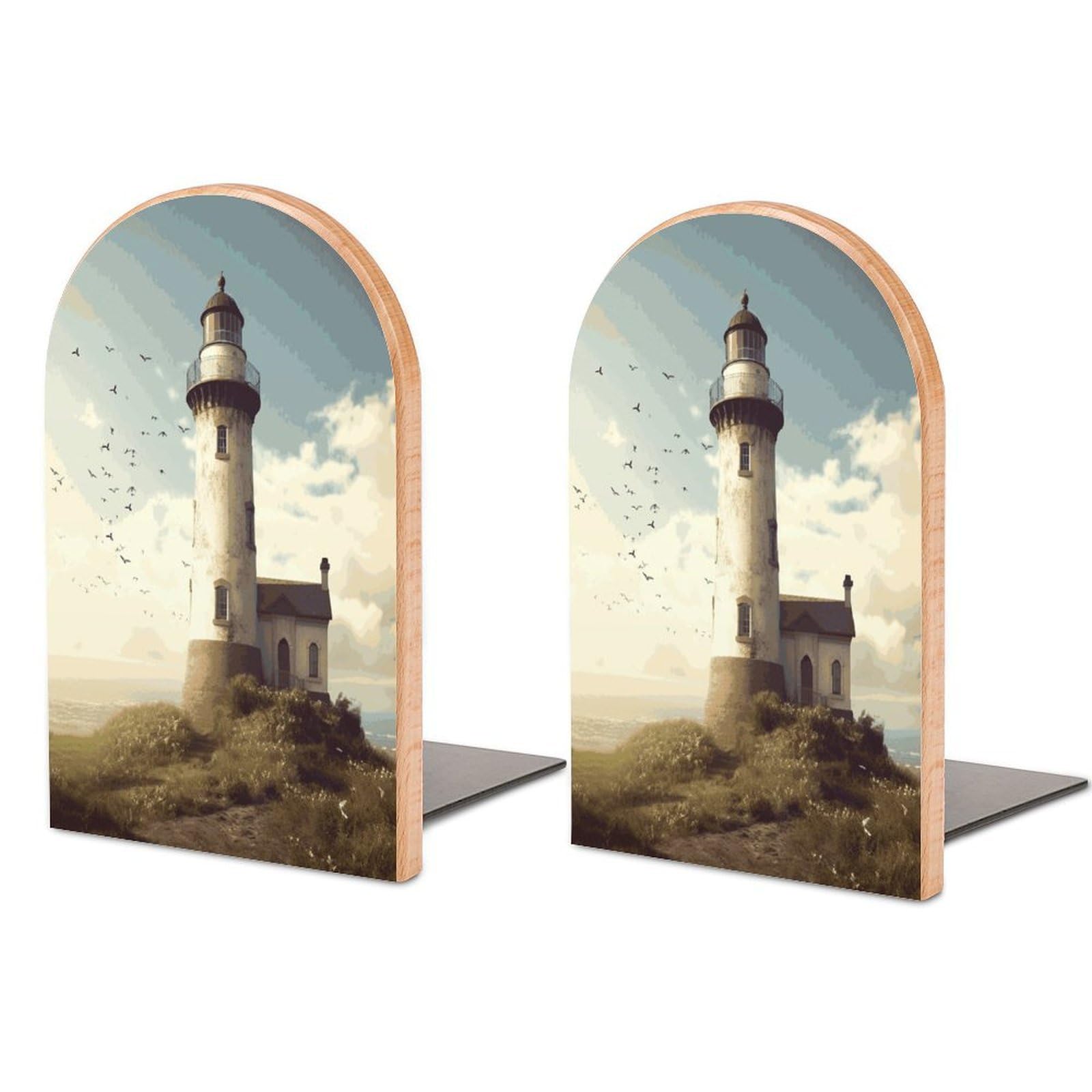 Old Lighthouse Bookend for Shelves Unique Book End Sturdy Books Holder Heavy Duty Wooden Bookends Support Non-Slip Book Organizers Decorative Modern Bookend Holder for Home