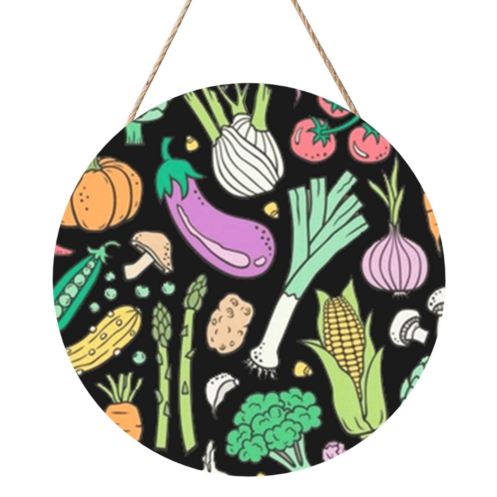 InOmak Vegetables Food Doodle On Dark, Round Wood Panel Painting 12 in, Wall Hanging Painting For Home