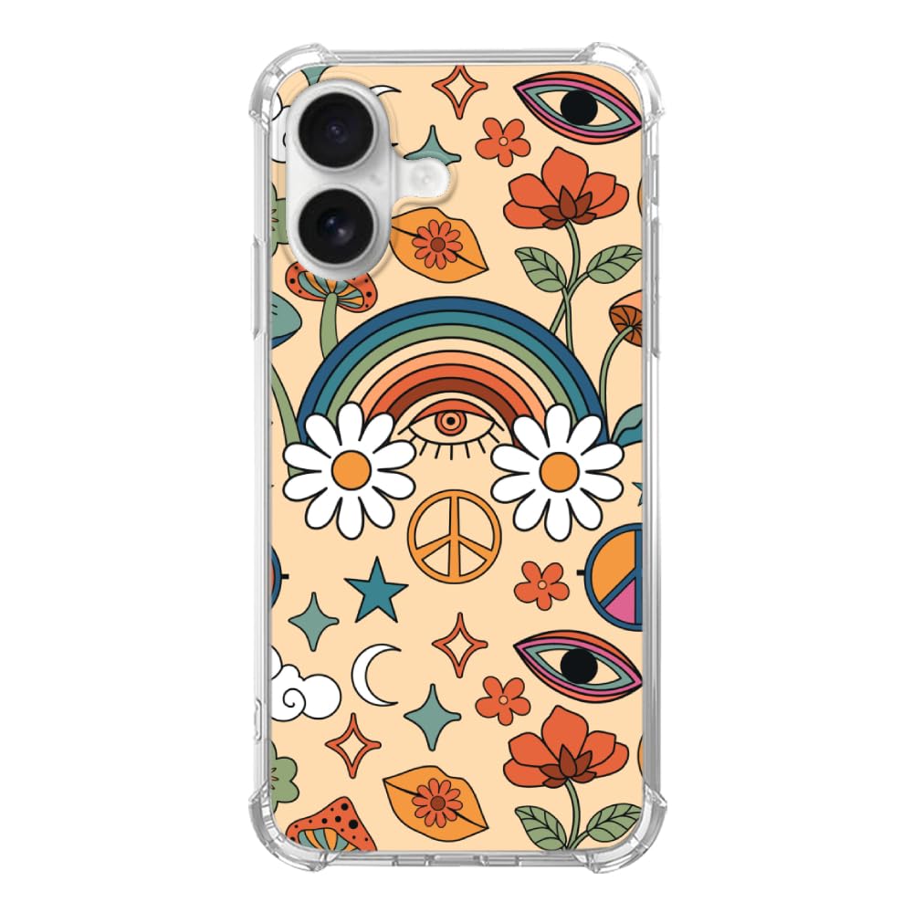 Oubliert Retro 70s Rainbow Flowers Mushroom Phone Case Compatible with iPhone 16 Plus, Aesthetic Hippie Groovy Peace Signs Phone Case for iPhone 16
