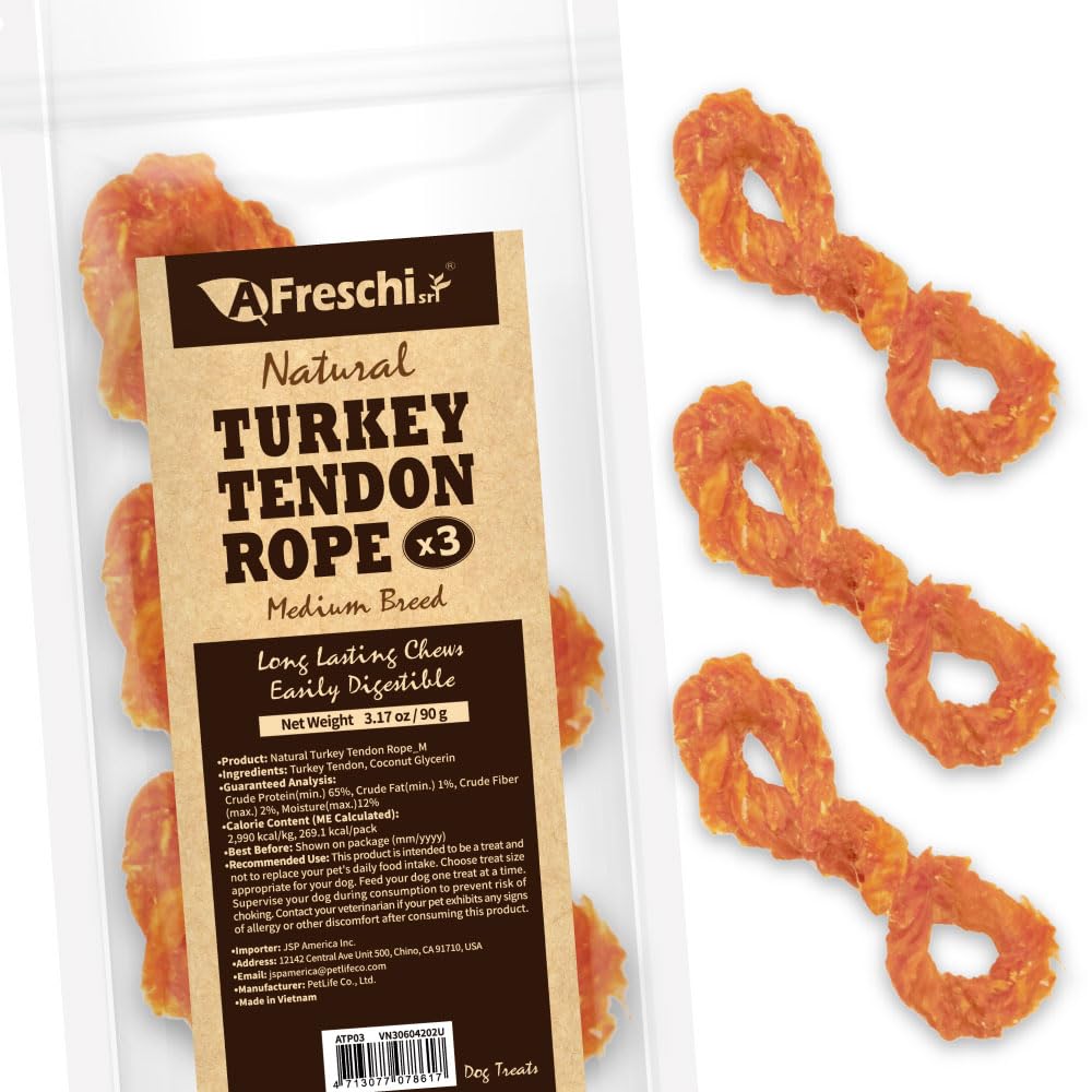 A Freschi srl Tendón de Pavo Afreschi para Perros, Cuerda Mediana, Paquete de 3, 89 G, Pavo de Origen Estadounidense, Masticable Totalmente Natural de Grado Humano, Hipoalergénico, Alternativa Al Cuer