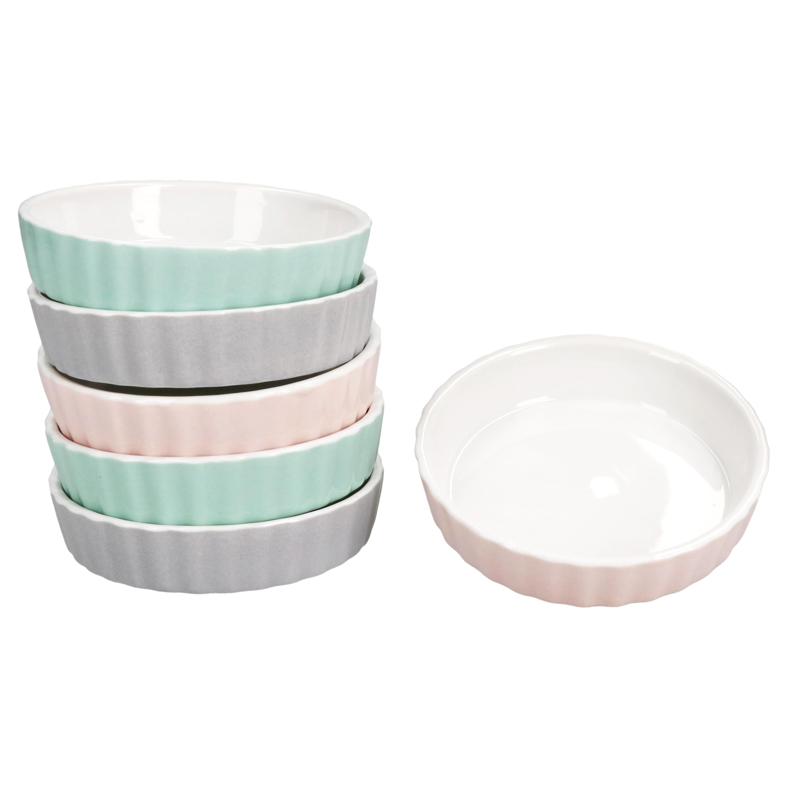Set di 6 ciotole Emilia Ø 11,5 cm, 140 ml, porcellana, rosa, menta e grigio, mini teglia da forno rotonda, per crème brûlée, soufflé, cupcakes, tiramisu, ecc.