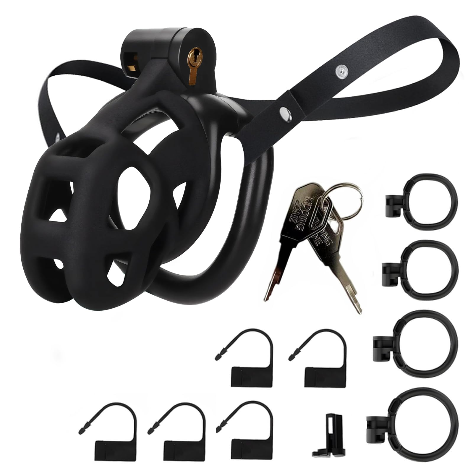 Male Chastity Cage Sex Toys with Elastic Belt Invisible Lock & 4 Ball Rings S Black