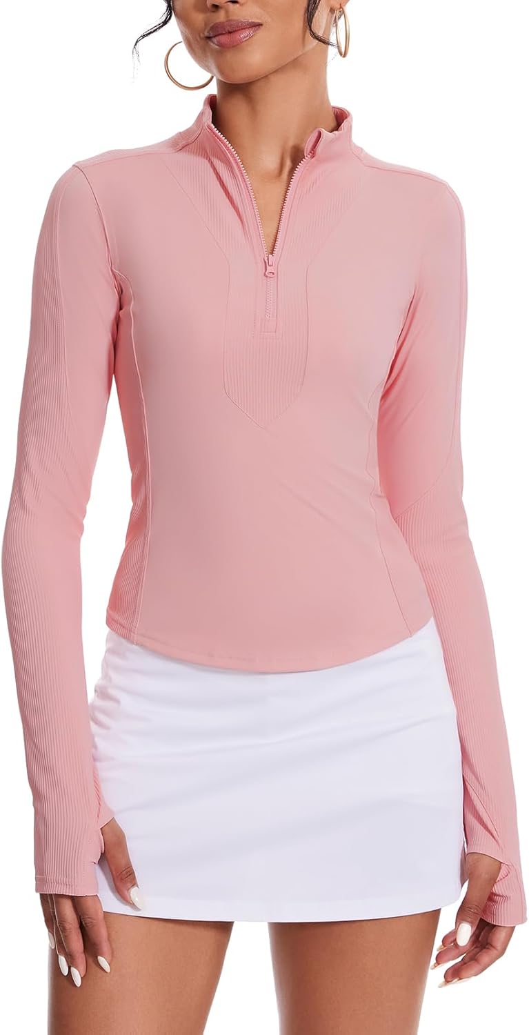 Lightbare Women’s Cropped Workout Jacket Lightweight Slim Fit Long Sleeve Half Zip Athletic Tops for Yoga Running Track Peach Pink X-Small