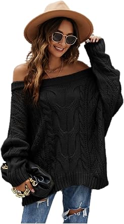 Womens Oversized Crew Neck Off Shoulder Hollow Wave Ribbed Cable Knit Sweater Cute Spring Fall Chunky Pullover Top