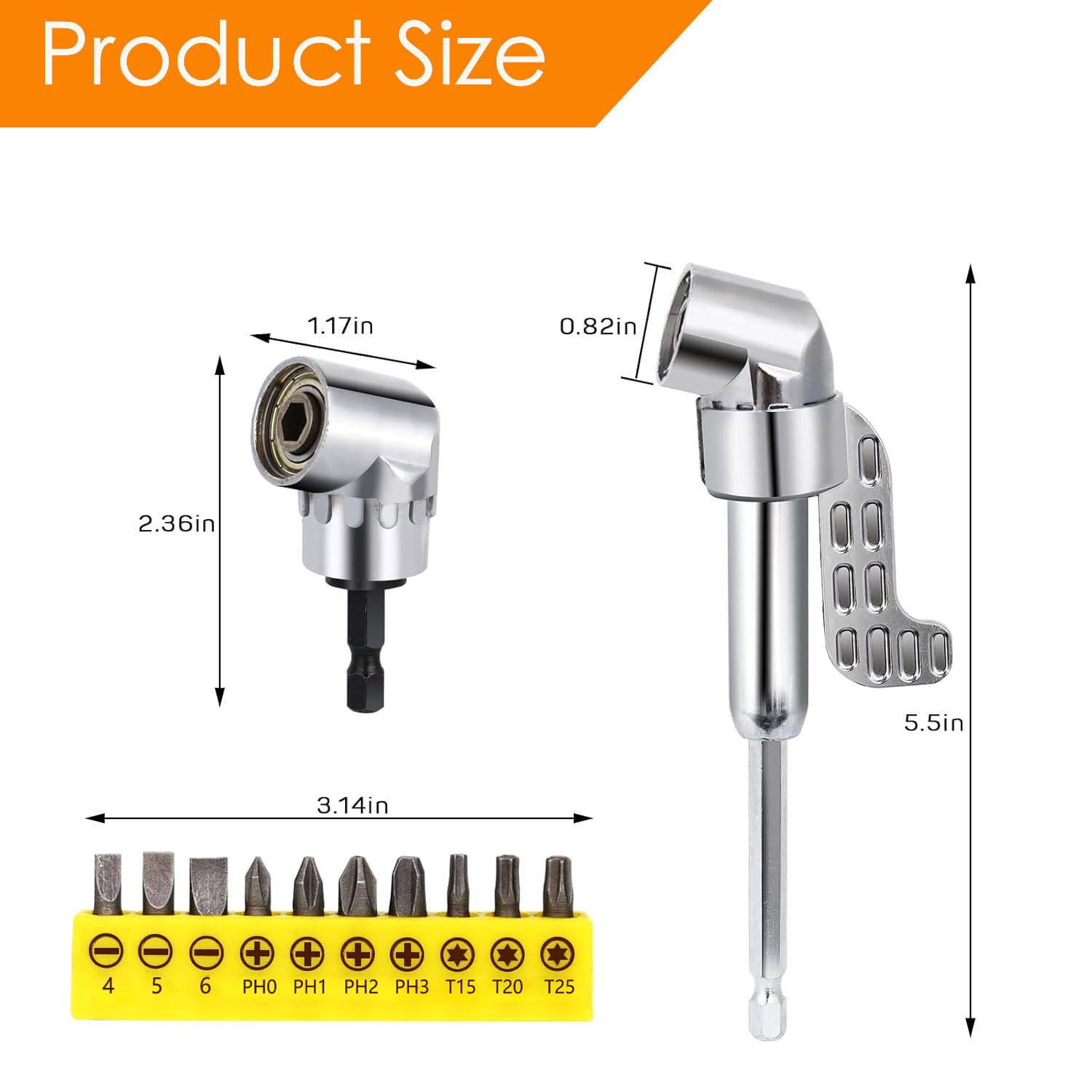 105 Degree Right Angle Drill Adapter, 2025 Upgrade Right Angle Drill Attachment with Multi-function Bend Screwdriver Bit, 1/4" Hex Shank Corner Tool Screw Hub for Household Work (Long+Short) — Amazon image 2
