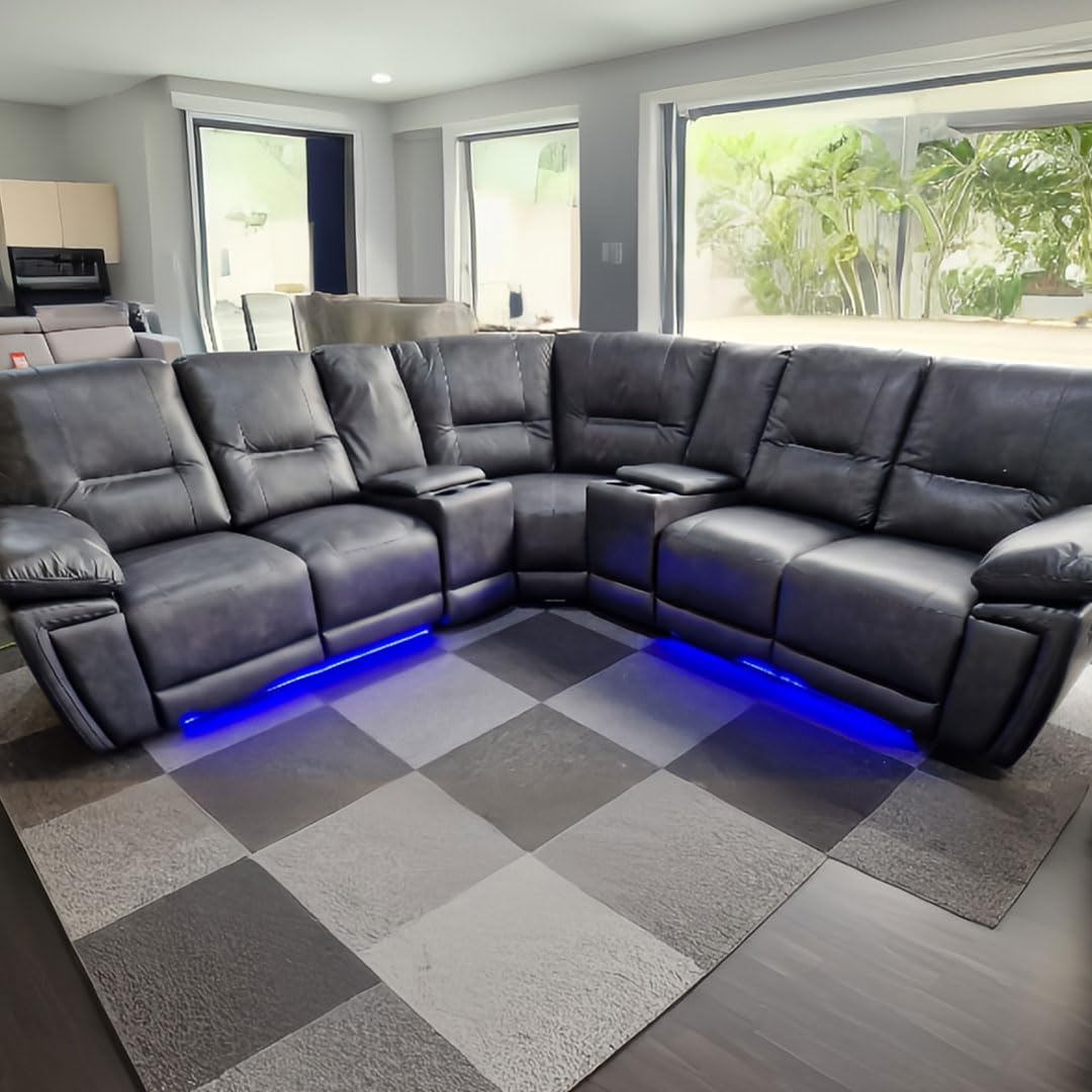 Sponsored Ad – Sara Leather Electric Recliner Sofa With Cupholders - Leather Corner Sofa - 3+2 Seater - USB Charging Ports - LED Lights - Grey(Corner)