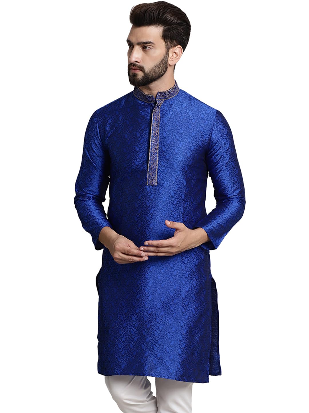 Sojanya (Since 1958 Men's Silk Blend Blue Color Only Long Kurta With Neck Embroidery