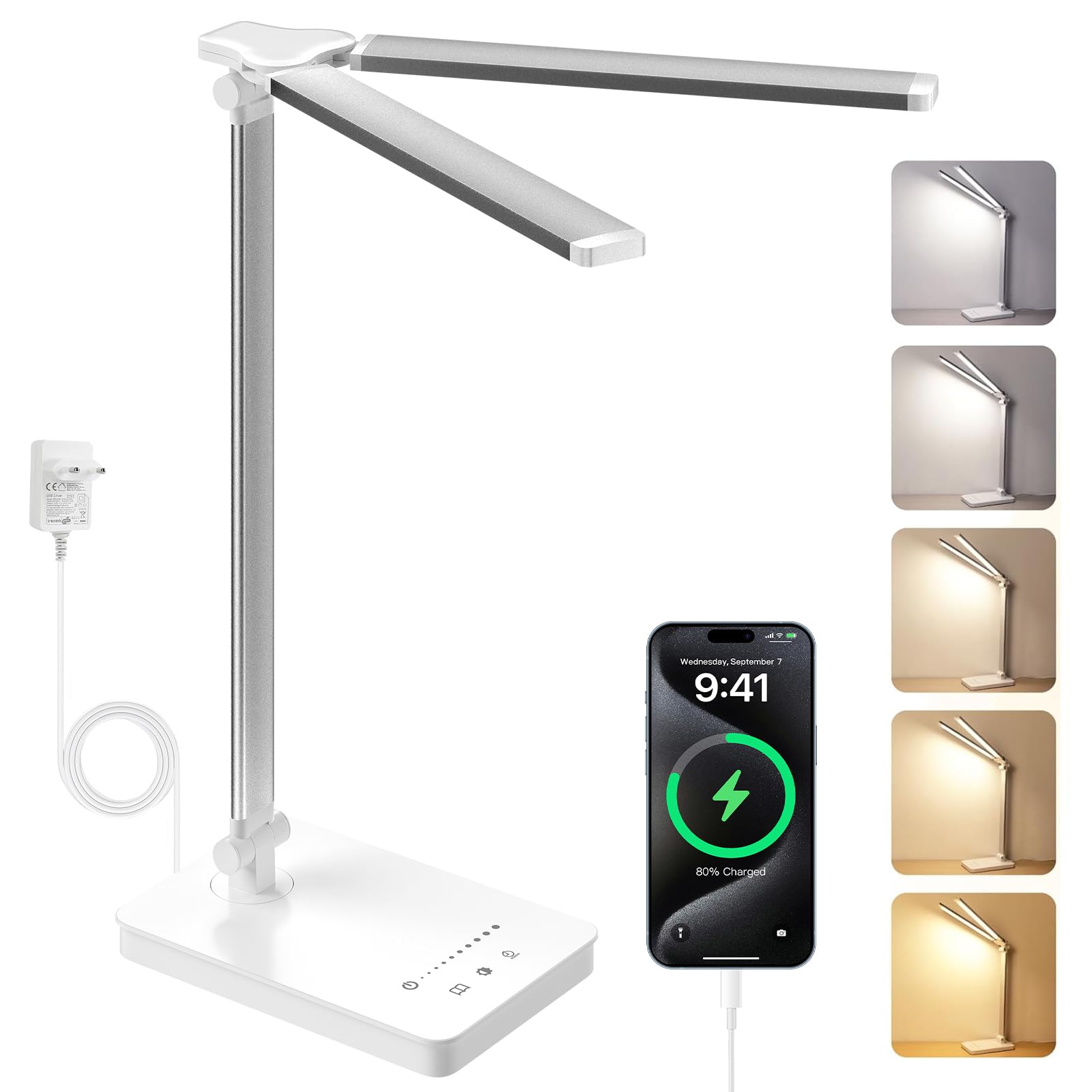 JVURICE Schreibtischlampe LED 15W Dimmbar mit Augenschutz, 5 Farben und 10 Helligkeitsstufen, mit Adapter Ladefunktion Timer-Funktion, Memory Lesemodus Tischlampe für Kinder Schlafzimmer Büro (Weiß)