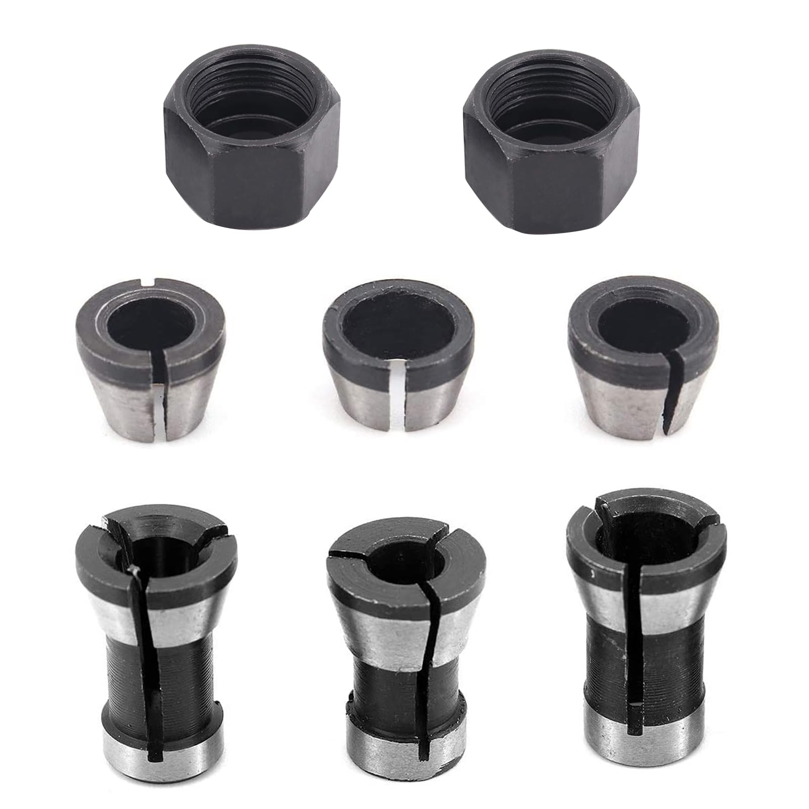 Router Collet Chuck, 6 pcs Carbon Steel Woodworking Milling Chuck Adapter Router Bit Collet Chucks Clamping Adapter for Engraving Trimming Machine Tool, 6mm 6.35mm 8mm, 2pcs Nuts
