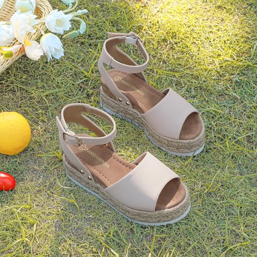 Image of PANDANINJIA Girls Sandals Wedge Platform Espadrille Open Toe Summer Little Big Kid Flower Girl Heels Dress Shoes
