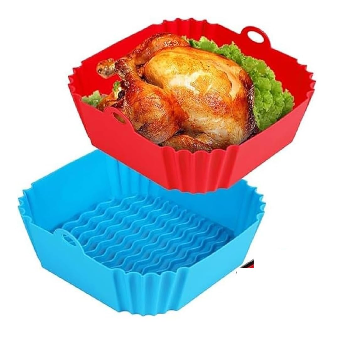 Xacton Air Fryer Silicone Liners - 8 Inch Square Reusable Non-Stick Basket with Handles I Heat Resistant Baking Tray for Air Fryer, Oven & Microwave I Multicolour I Easy to Clean - Pack of 2 Pcs