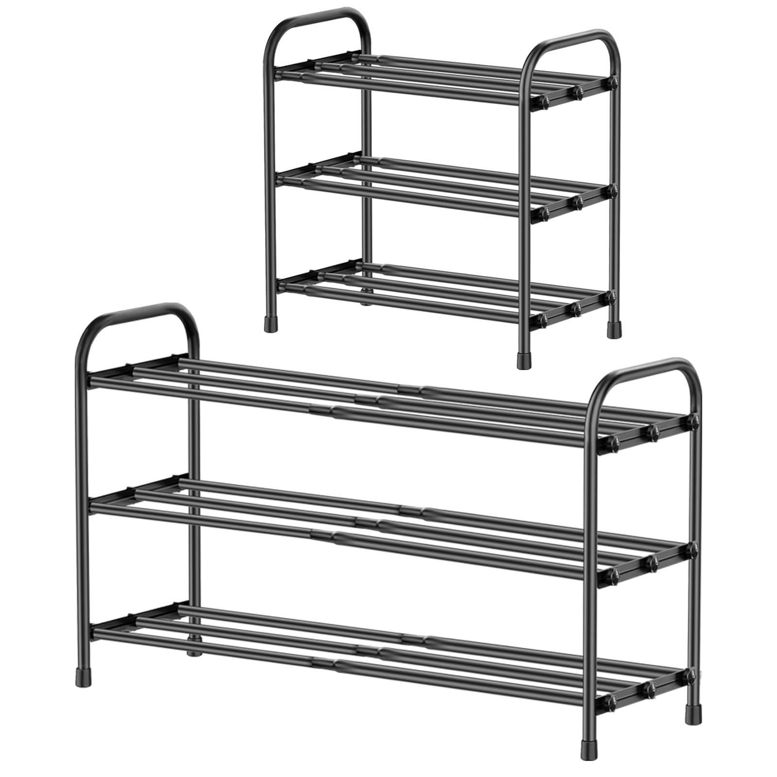 3-Tier Shoe Rack Extendable, 43 to 78 cm Adjustable Metal Shoe Storage Organiser Shelf with Quick,Tool-Free Assembly, Shoe Slots Holds 6-12 Pairs,Space-Saving Compact Shoerack Stand for Hallway, Black