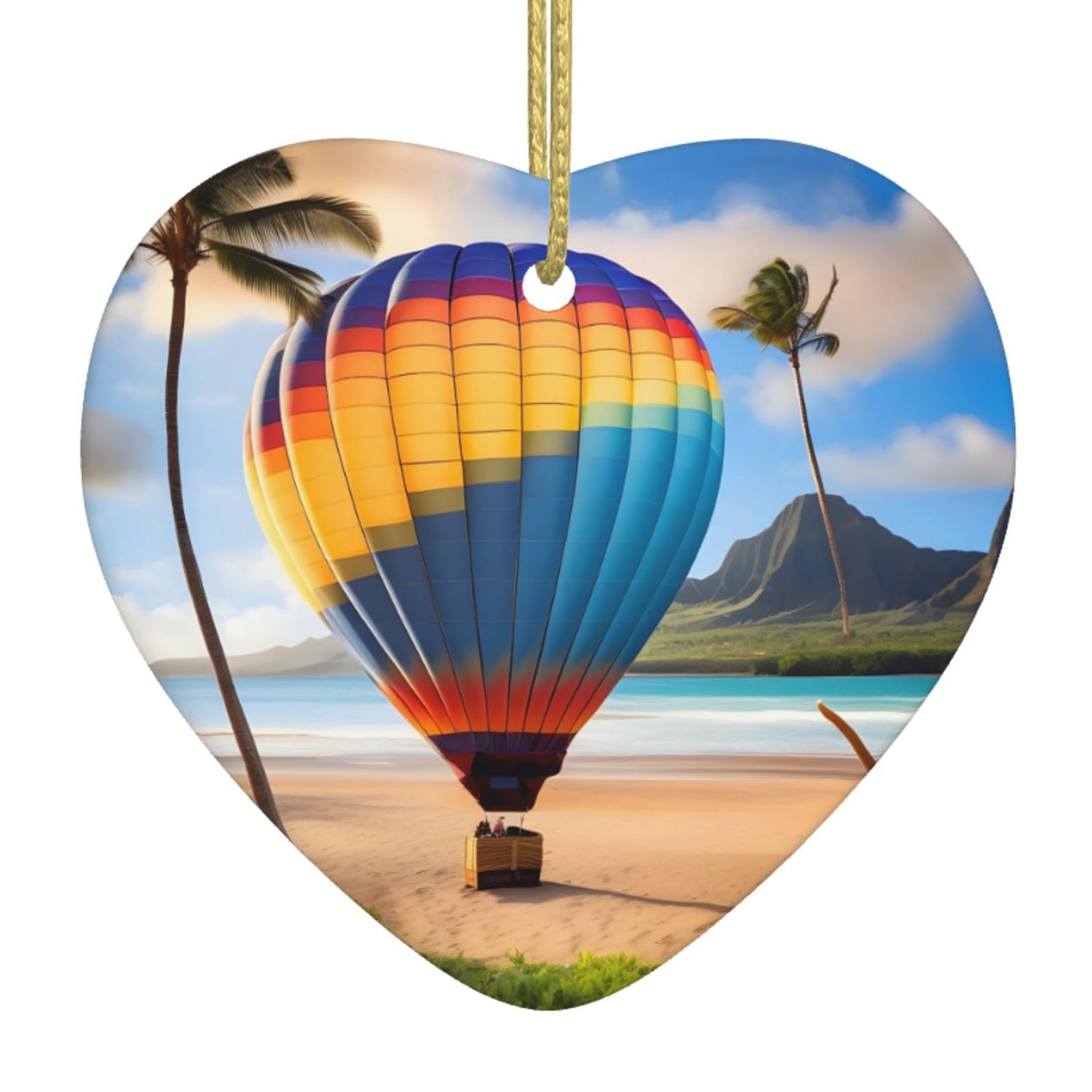 Hawaii Hot Air Balloon Ceramic Christmas Heart Pendant with Silk Thread, Christmas Tree Home Decoration