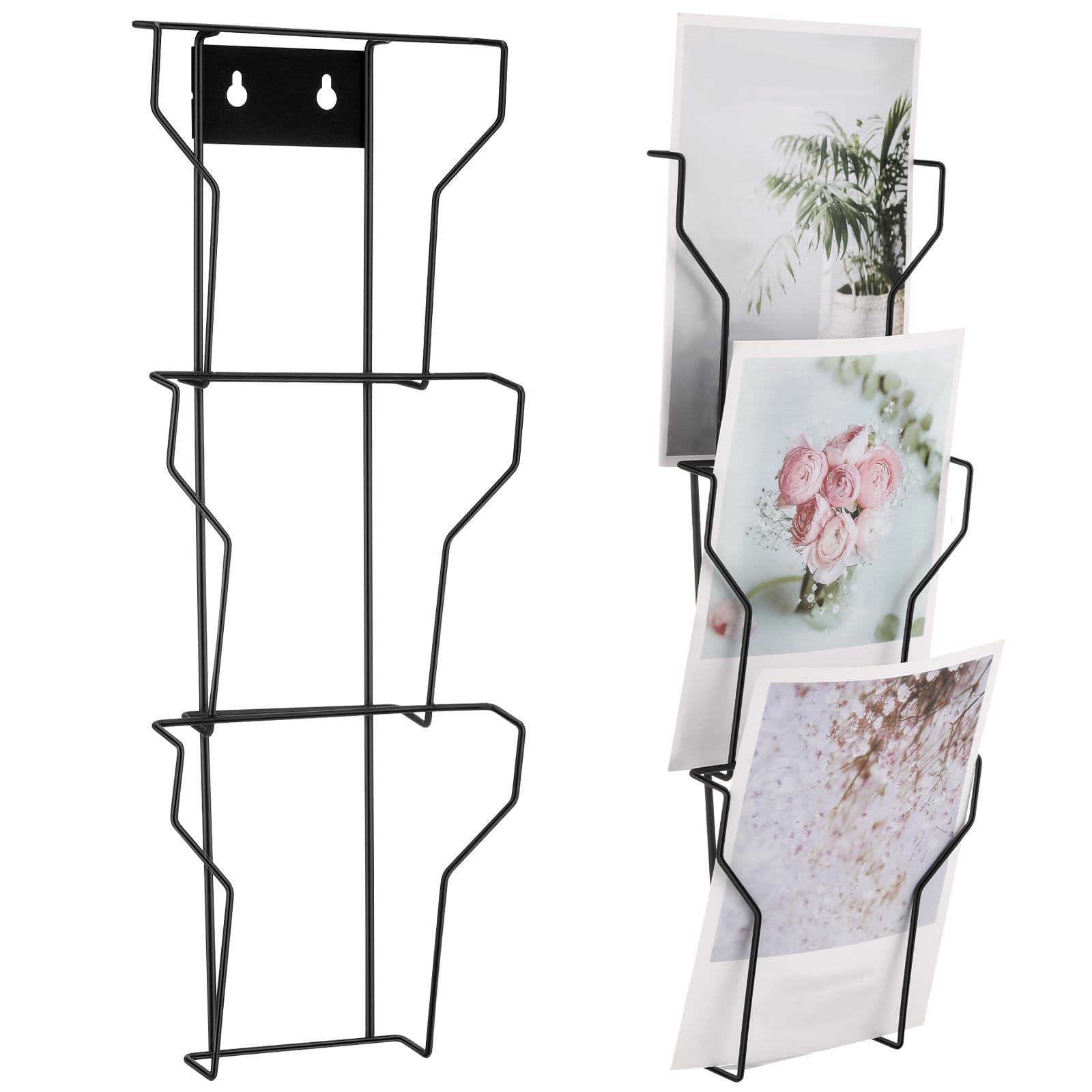 Wonderjune 2 Pcs Wall Mount Greeting Card Display Stand 6 Pocket Metal Greeting Card Rack Display Stand Vertical Black Wire Card Holder Organizer for