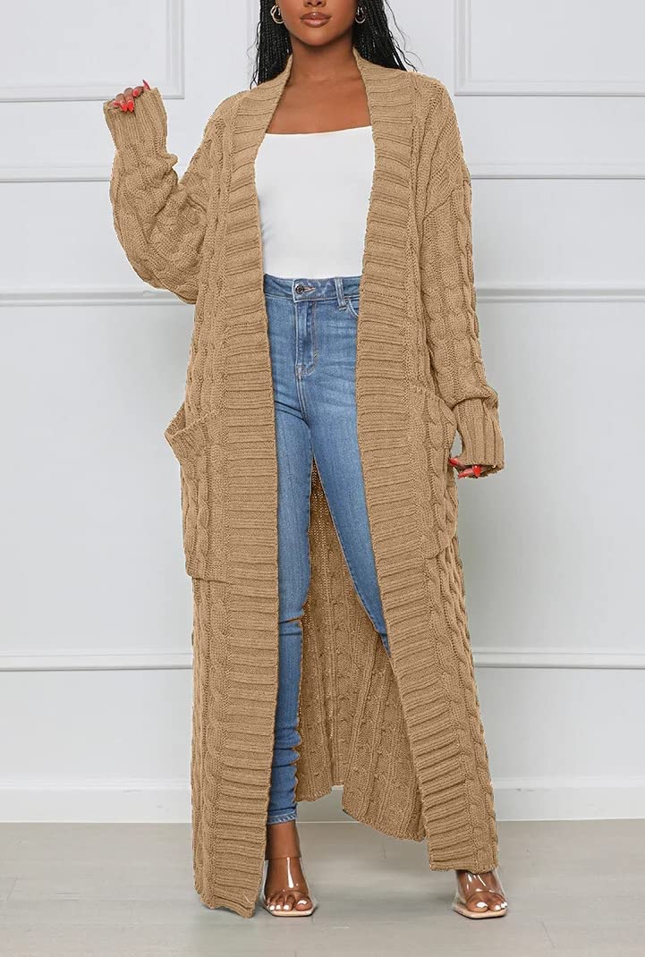 Długie swetry damskie kardigan z długim rękawem otwarty przód plus size splot kablowy z kieszeniami płaszcz zimowy khaki, S, khaki, S