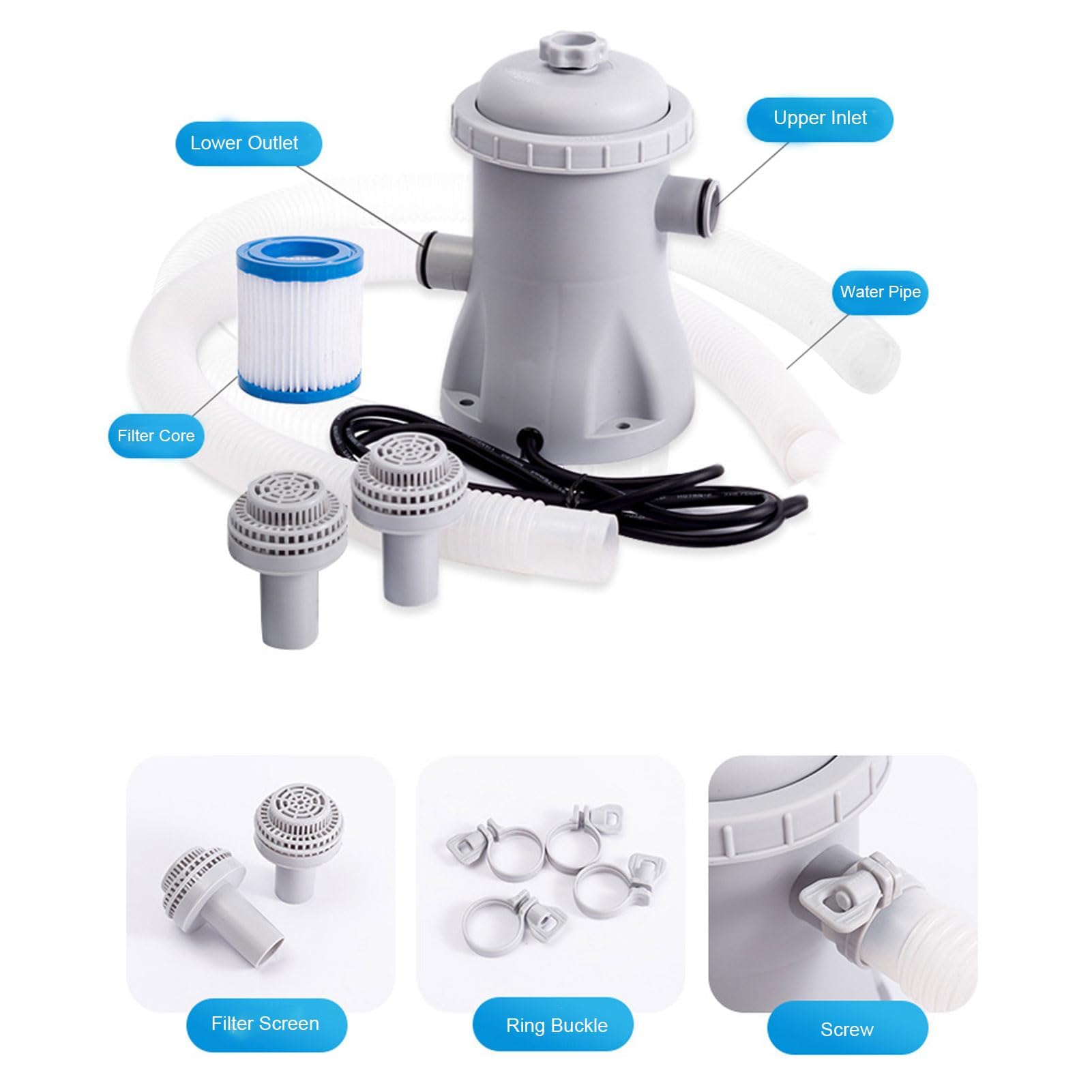Pompa filtrante per piscina, 330 galloni per piscine gonfiabili fuori terra, pompe efficienti per filtri a cartuccia, sistema di pompe di filtri elettrici, tubi da 32 mm, 16 W a basso rumore