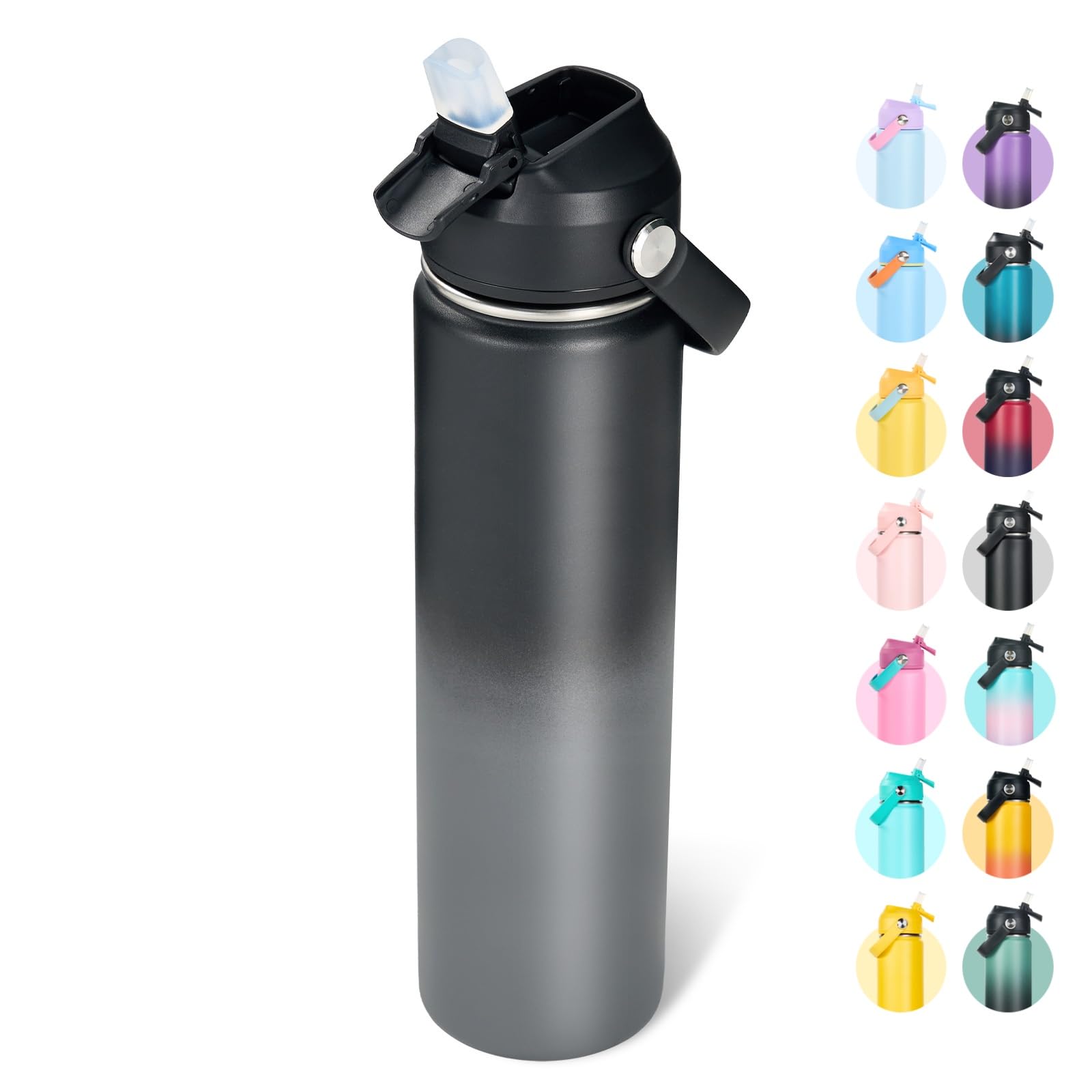 Fijinhom 24oz Insulated Stainless Steel Water Bottle, Wide Mouth Double Wall Vacuum, Silicone Straw, Sweat &amp; Leak Proof, BPA Free Insulated Water Flask for Travel, Keep Cold 24h Hot 12h, Grey
