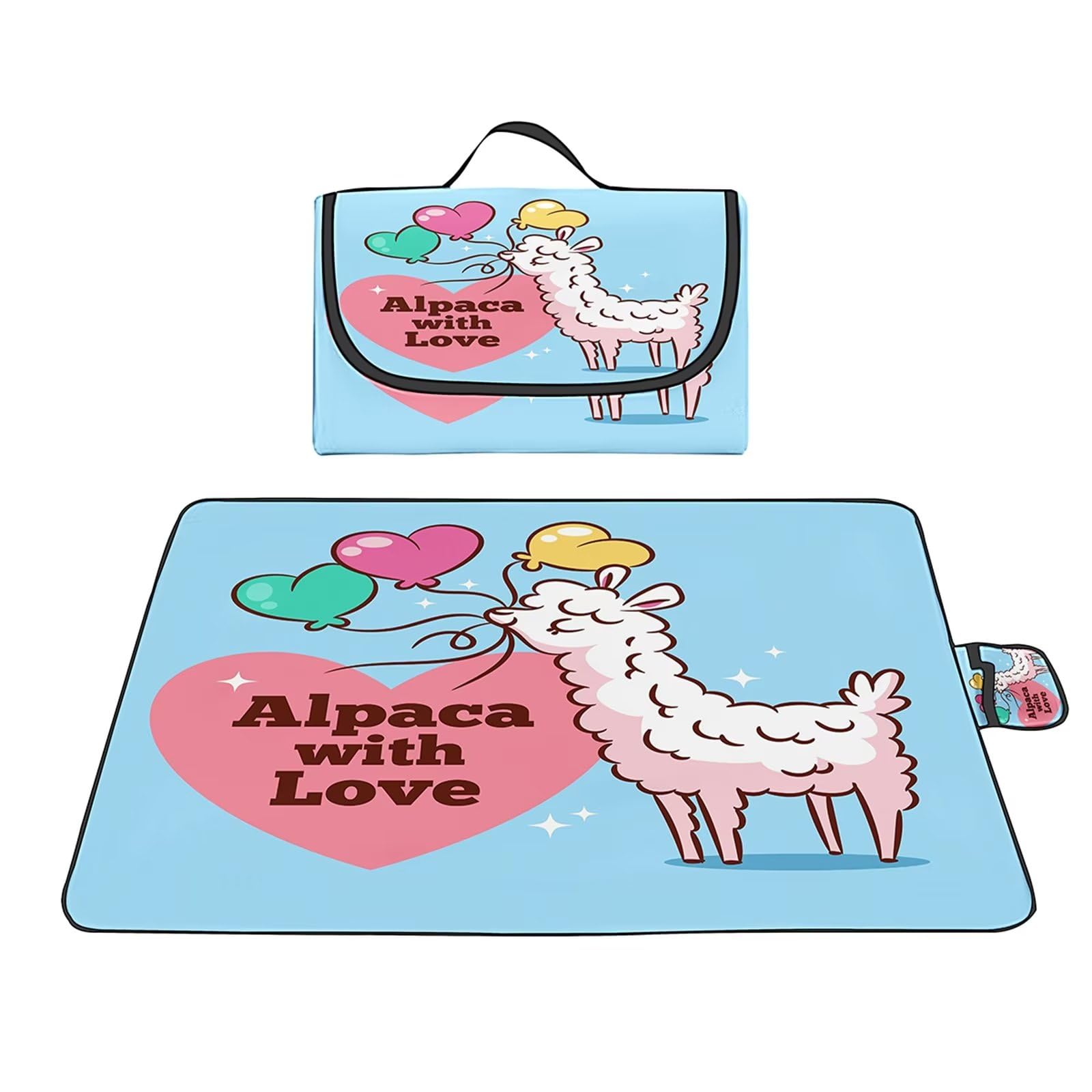 Love Alpacas koc piknikowy, wodoodporny, duży koc piknikowy z uchwytem do przenoszenia, dywany piknikowe z wodoodpornym spodem, można prać w pralce, na kemping, plażę, trawę, do ogrodu