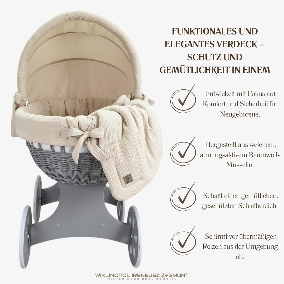 Wiklinopol Culla Annabell – Cestino Moses in vimini naturale con struttura e ruote – Set biancheria in mussola beige 5 pz. – Cestino grigio – con materasso incluso