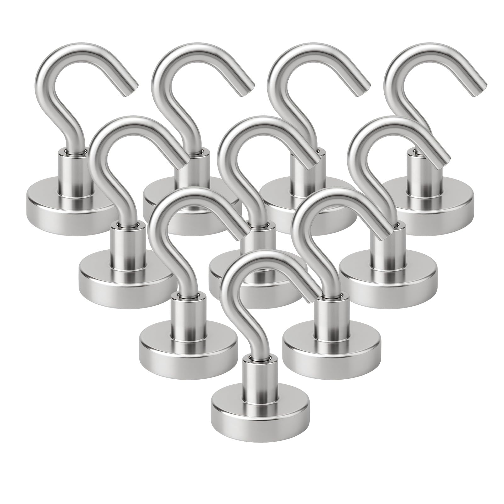 10PCS Magnetic Hooks, Heavy Duty 17.5lbs+ Strong Neodymium Fridge Magnet Hooks for Hanging Towels Keys Utensils Curtains Tools, Rustproof Stainless Steel Hook Set for Kitchen Grill Door, Silver