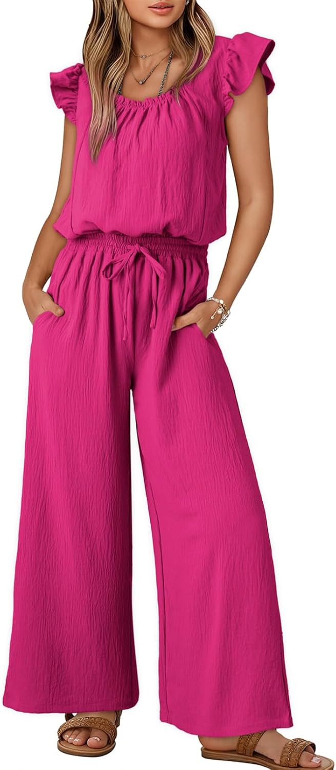 Dokotoo Jumpsuits for Women 2025 Summer Ruffle Sleeves Square Neck Rompers Drawstring Overalls with Pockets